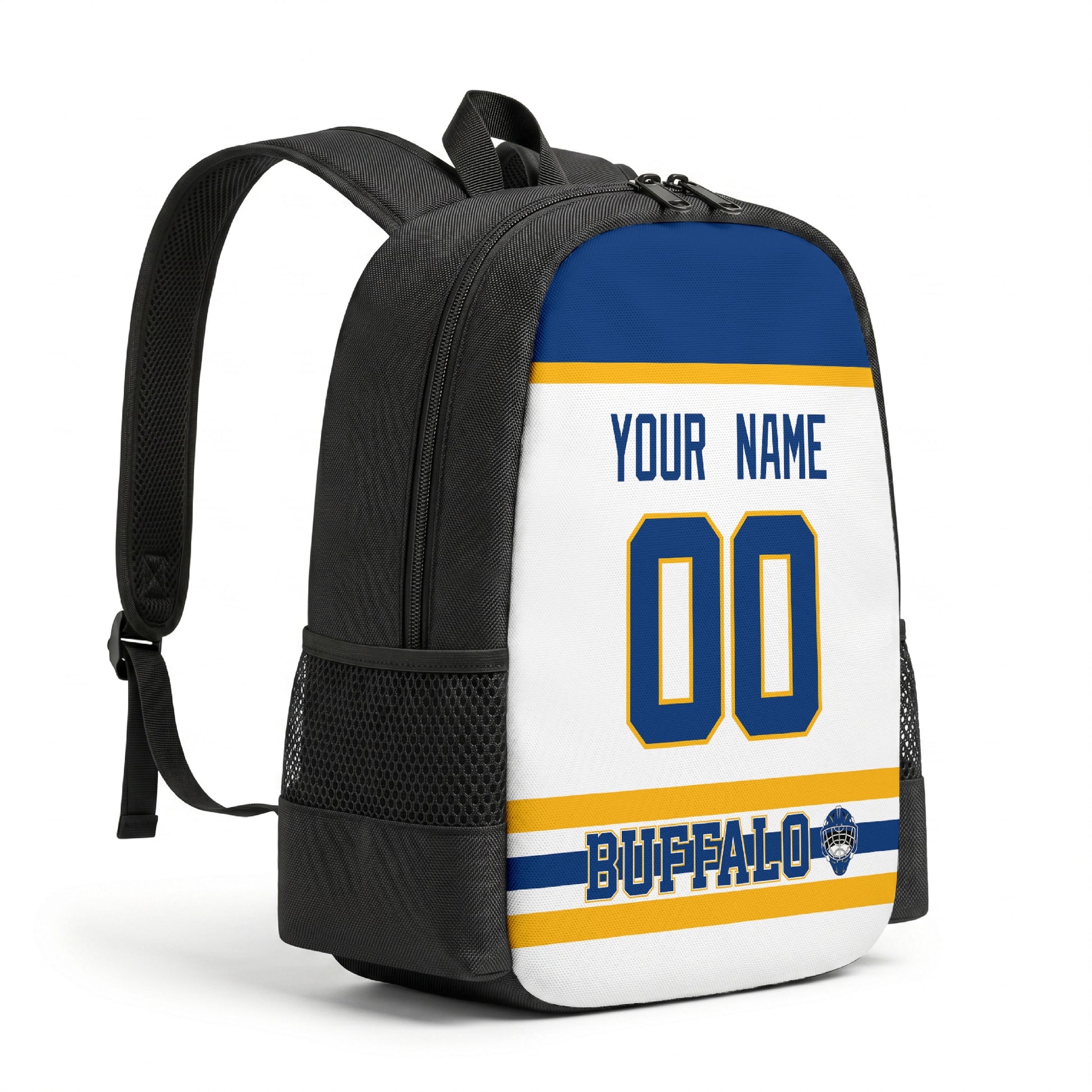 Buffalo personalized hockey backpack alternate angled view with side pocket