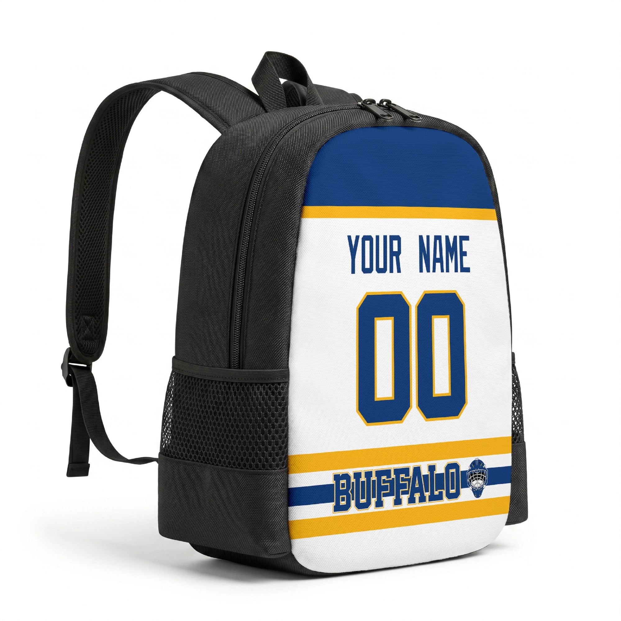 Buffalo personalized hockey backpack alternate angled view with side pocket