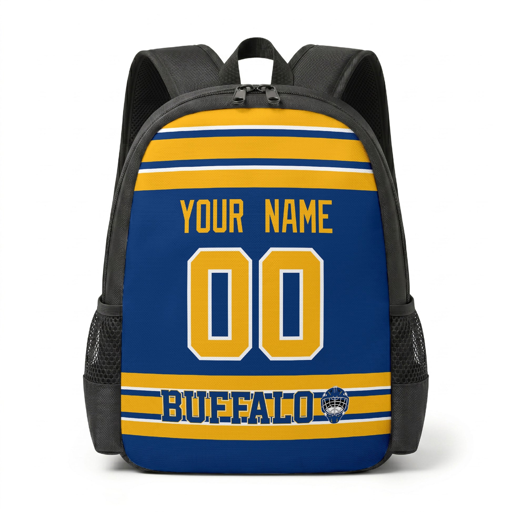 Buffalo hockey backpack front view with custom name and number