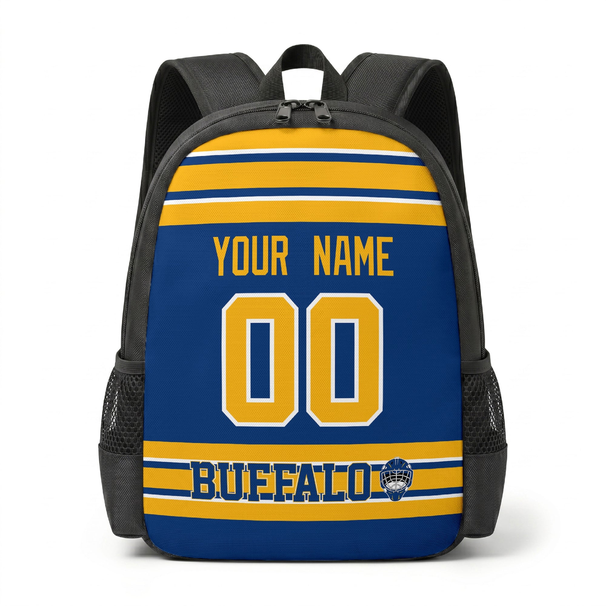 Buffalo hockey backpack front view with custom name and number
