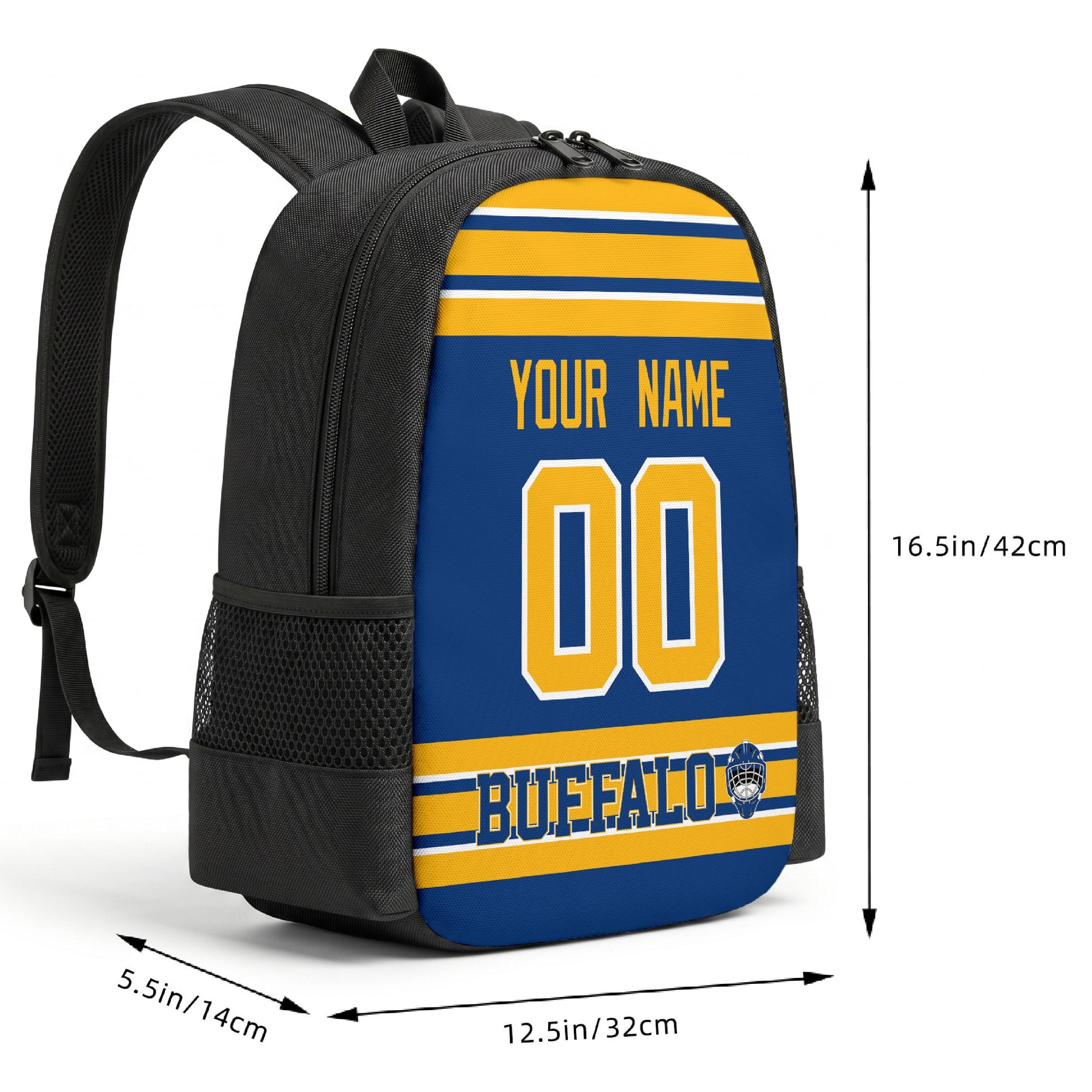 Buffalo custom hockey backpack size chart 16.5 by 12.5 by 5.5 inches