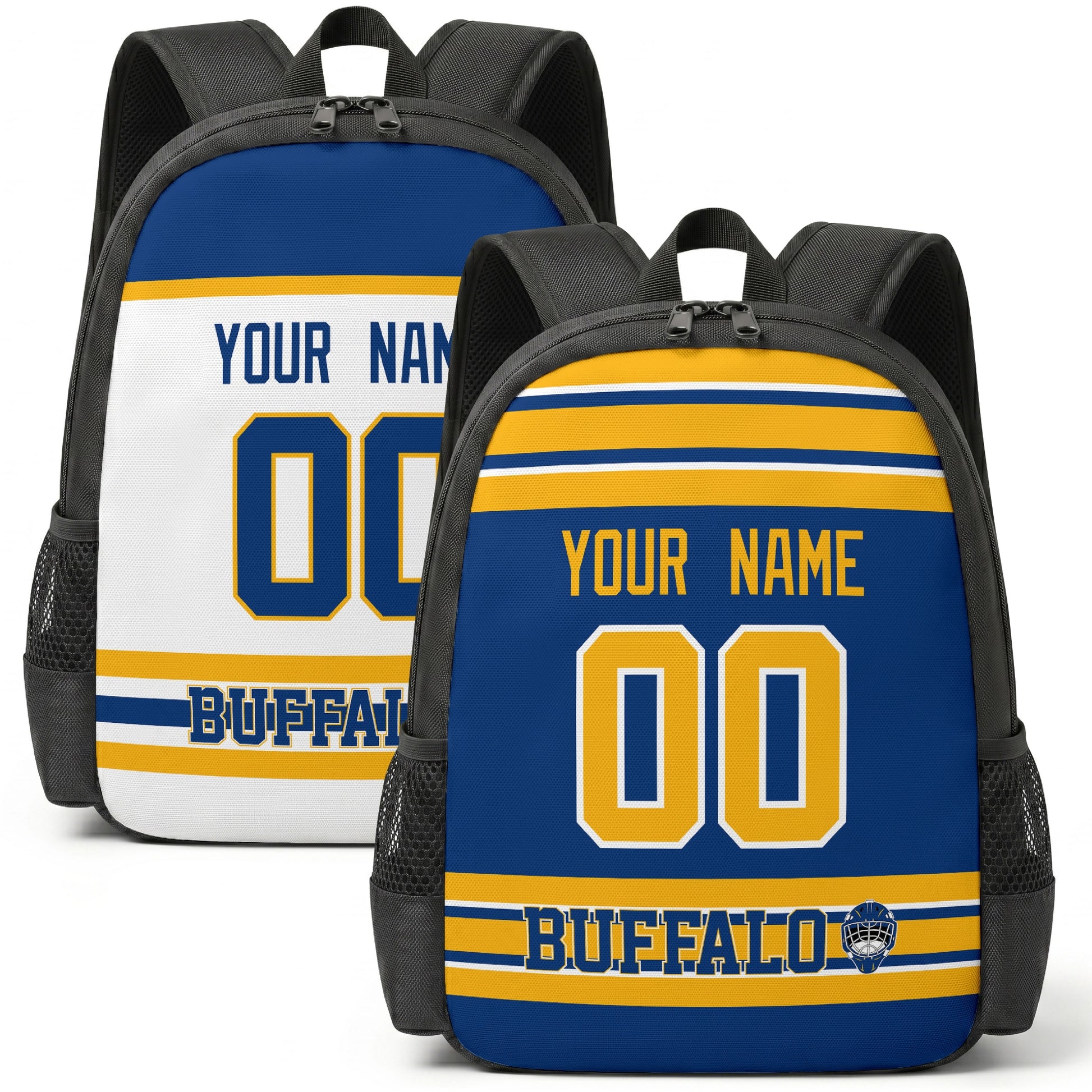 Custom hockey backpack for Buffalo fans with name and number preview
