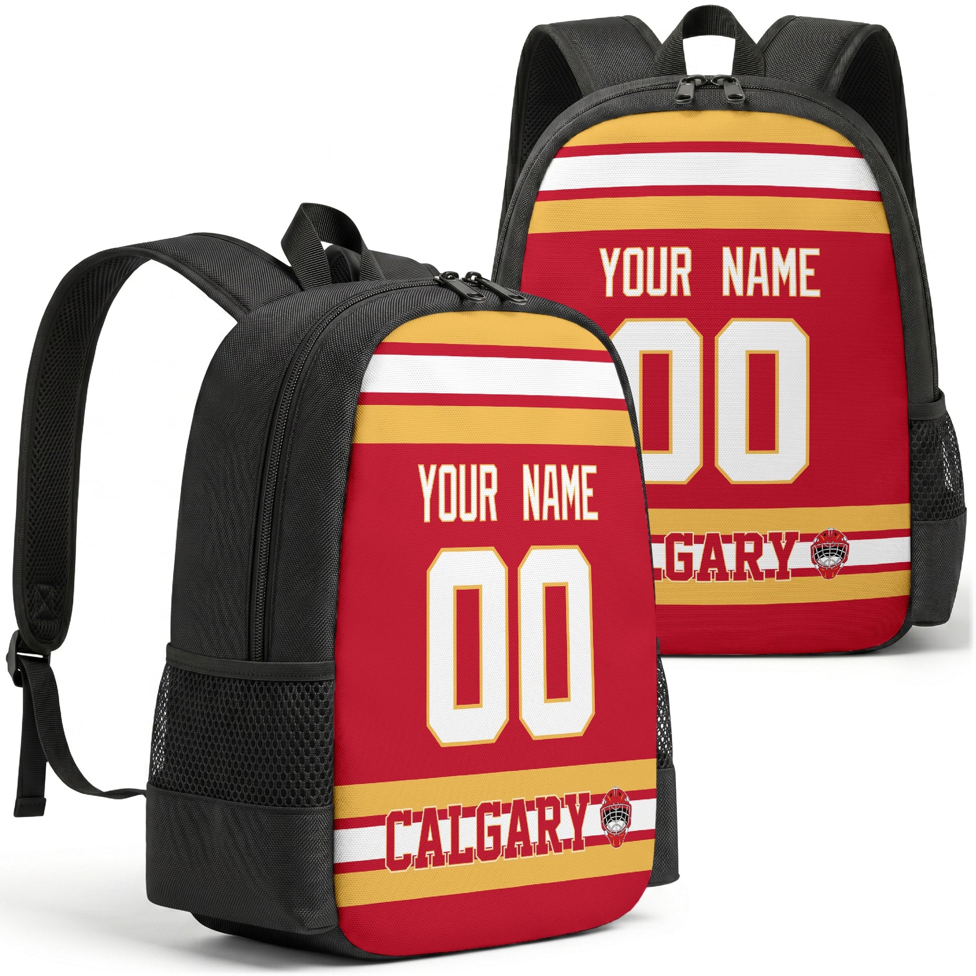 Calgary custom hockey backpack front and back product view