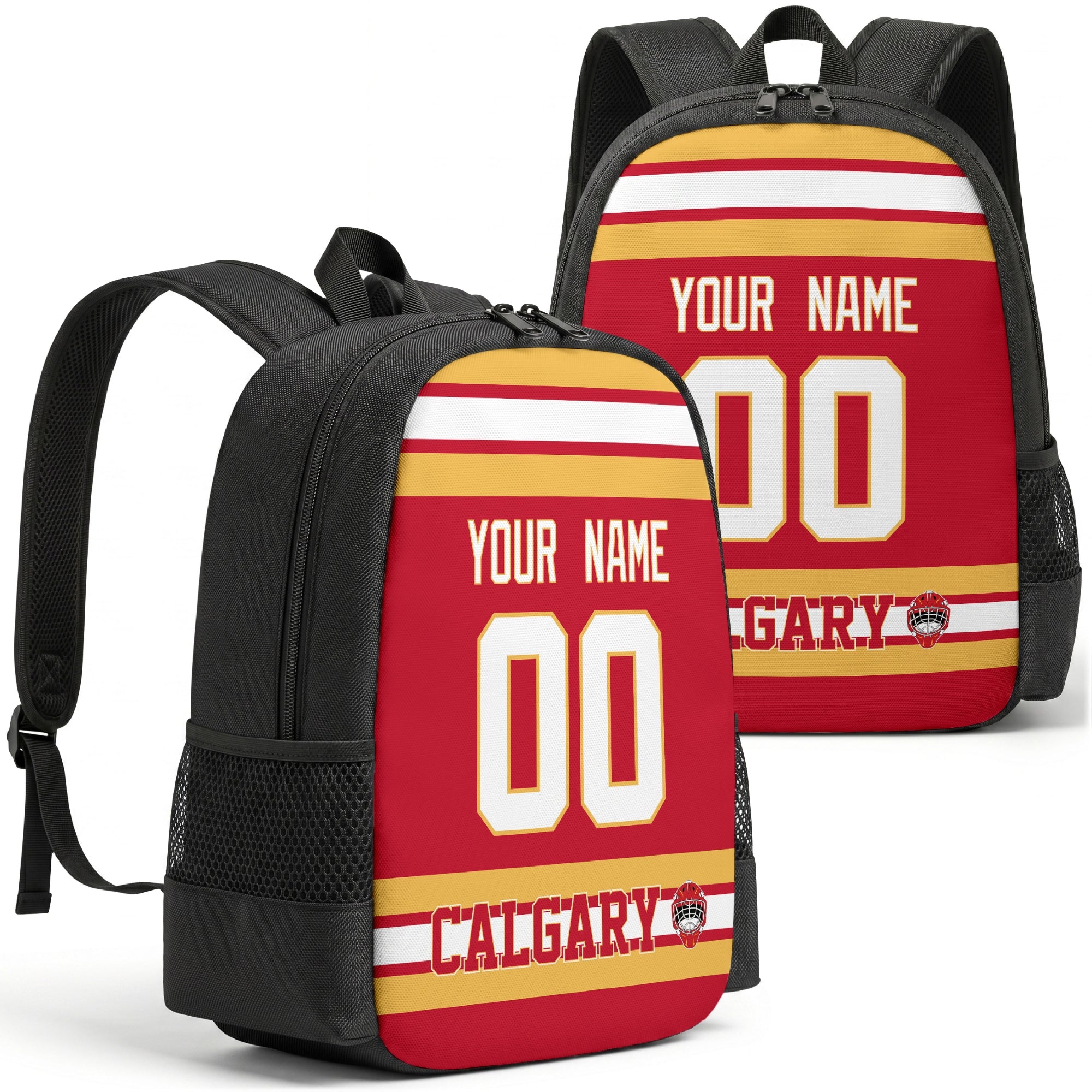 Calgary custom hockey backpack front and back product view