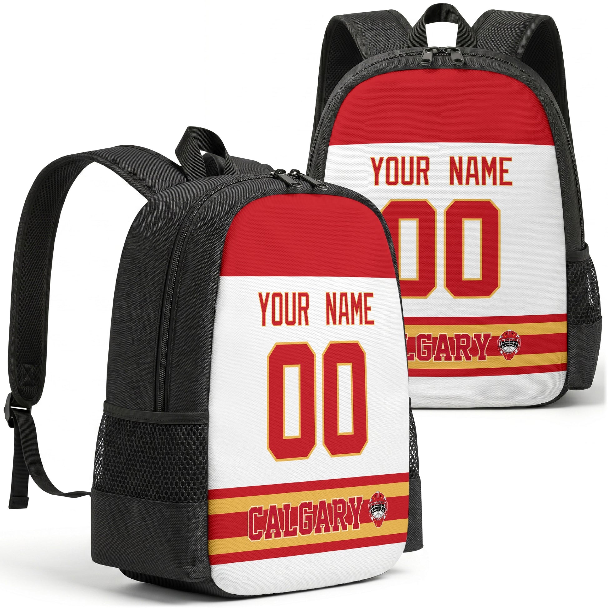 Calgary personalized hockey backpack alternate front and back product view