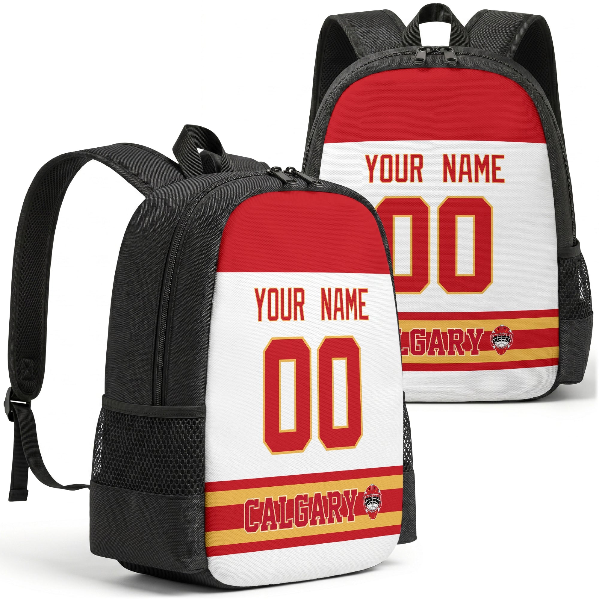 Calgary personalized hockey backpack alternate front and back product view