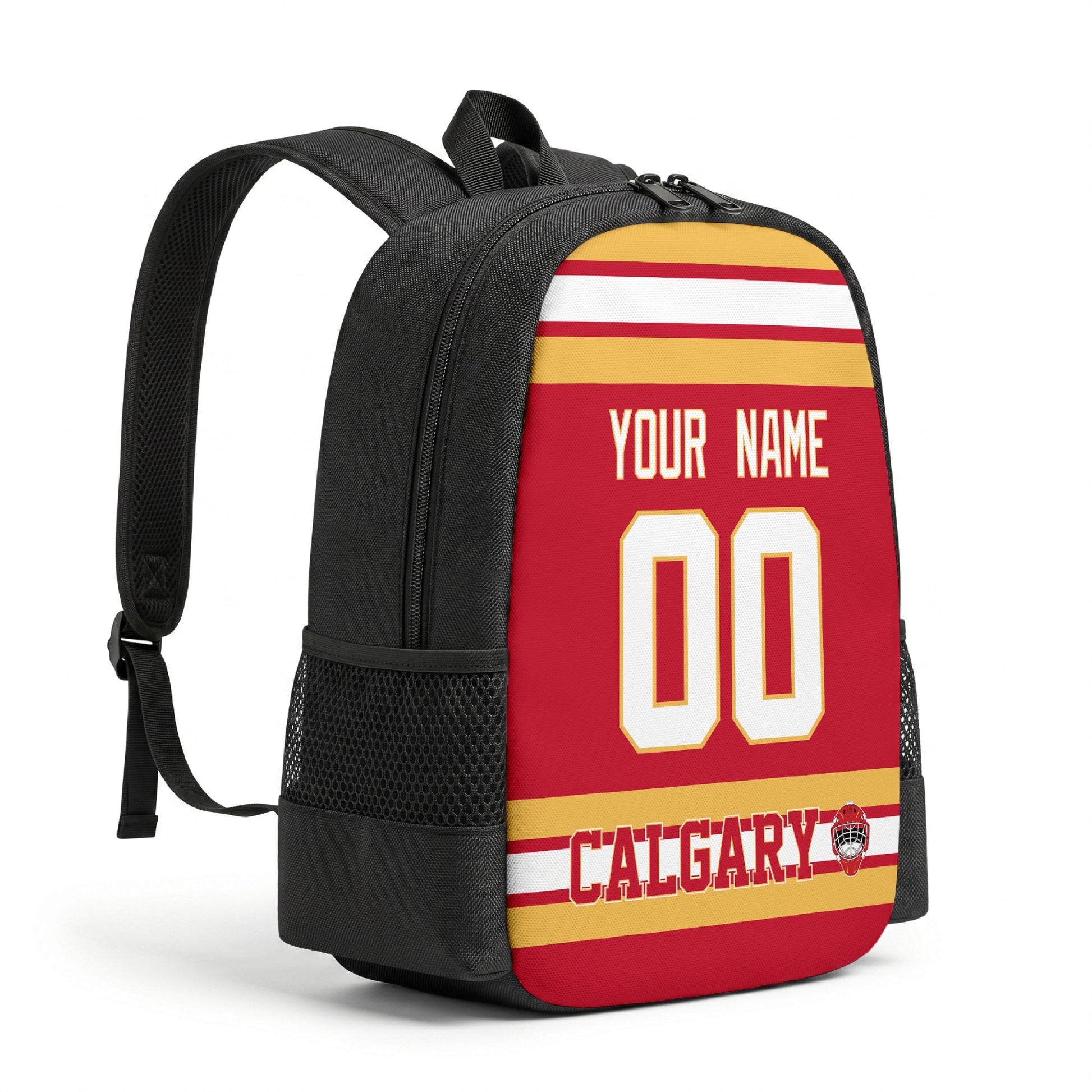 Calgary hockey backpack angled view with side pocket