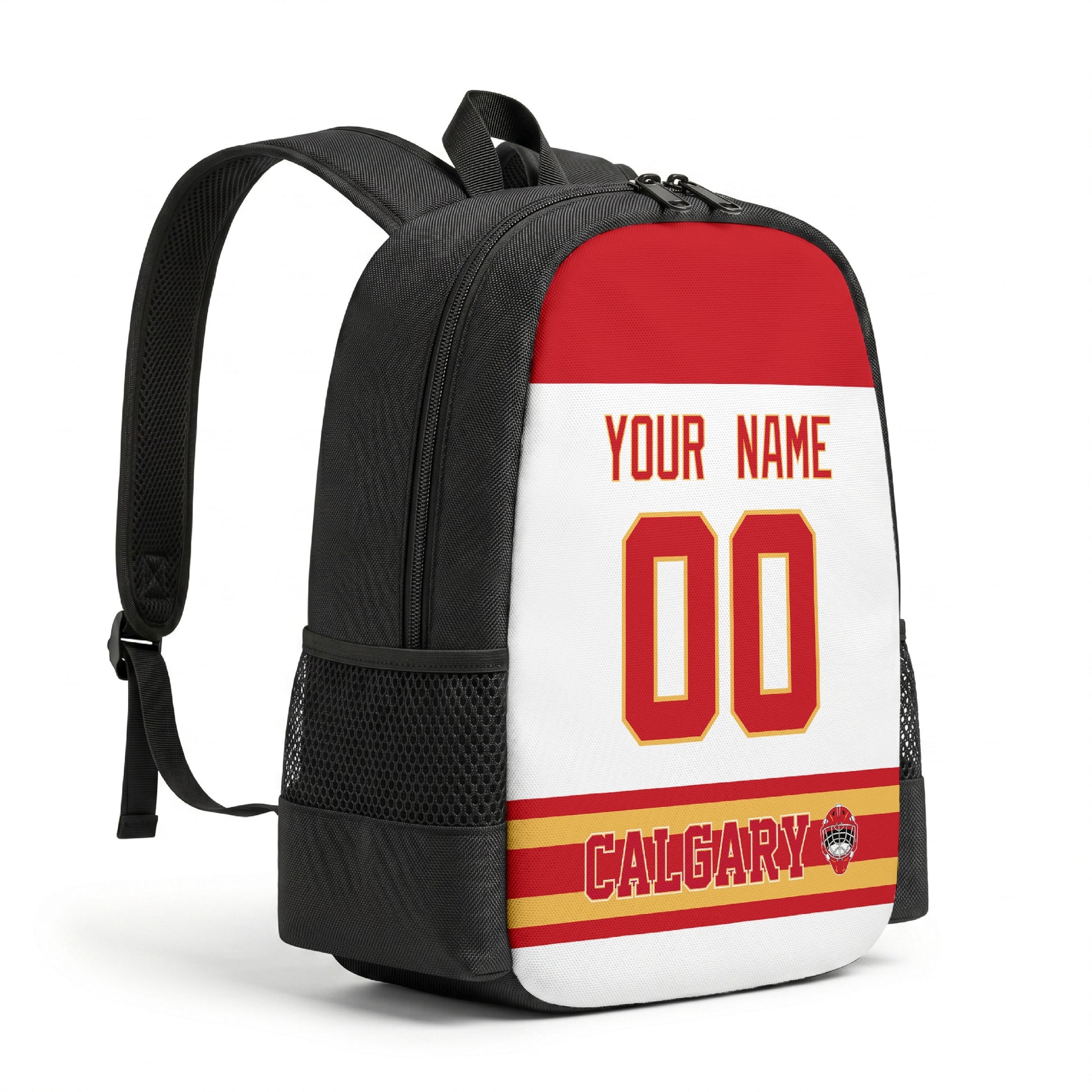 Calgary personalized hockey backpack alternate angled view with side pocket