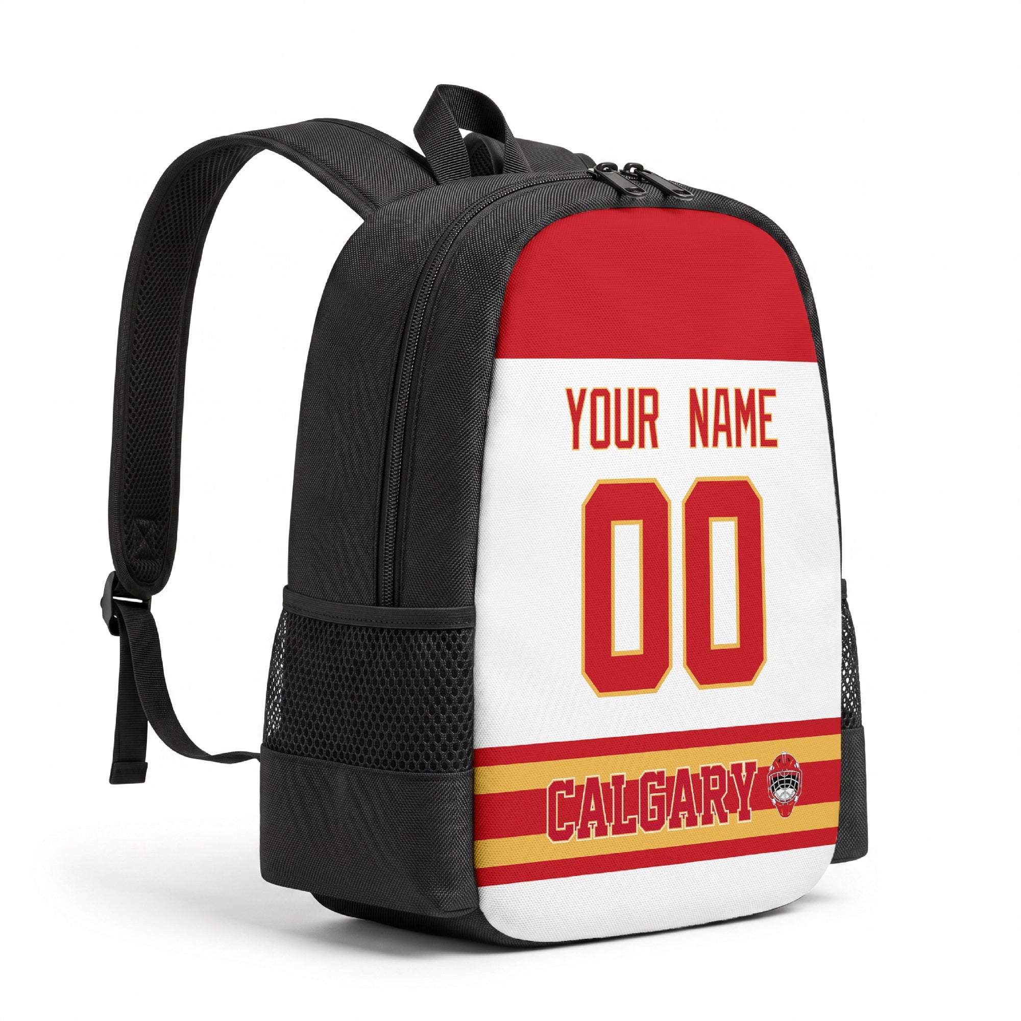 Calgary personalized hockey backpack alternate angled view with side pocket