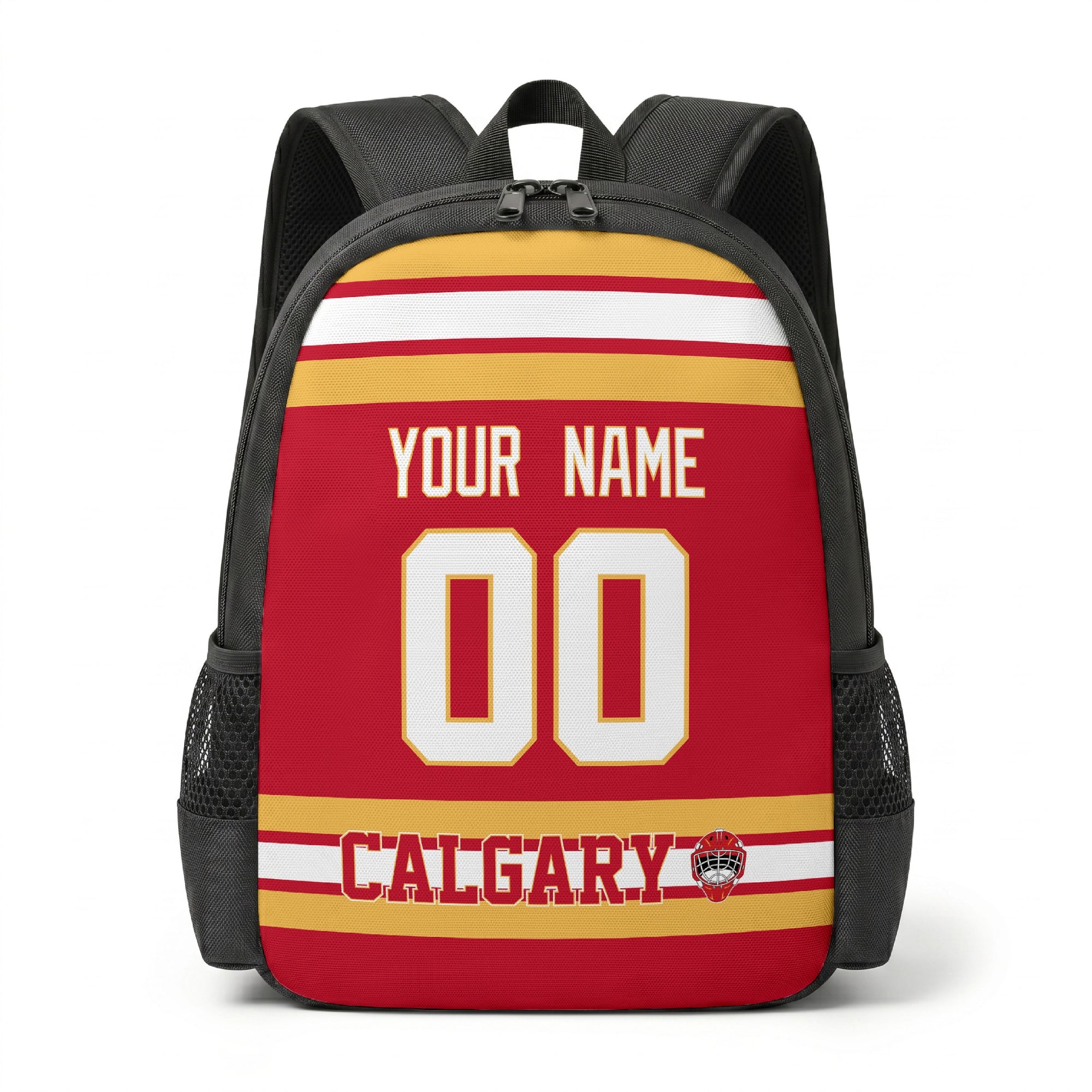Calgary hockey backpack front view with custom name and number