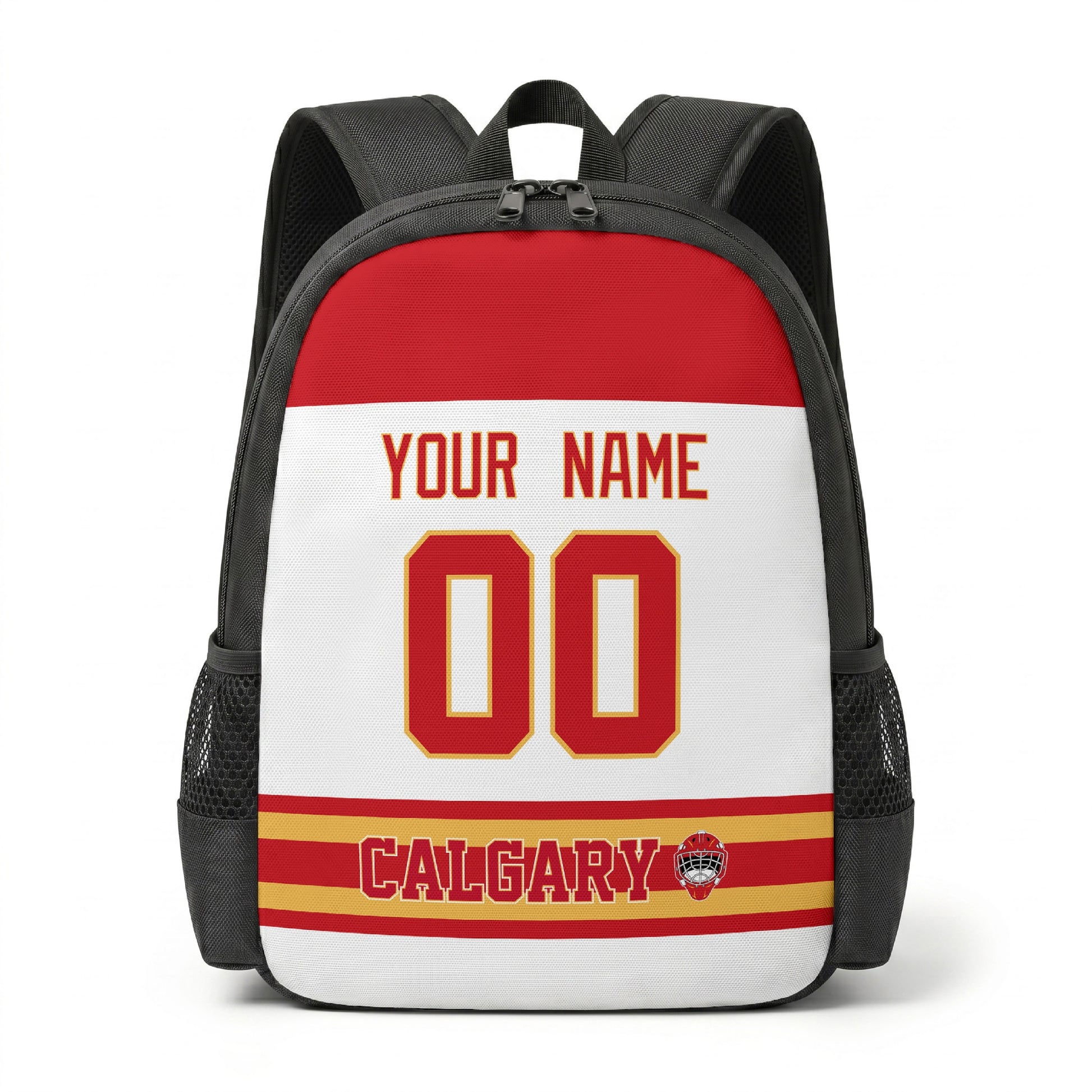 Calgary personalized hockey backpack alternate front view