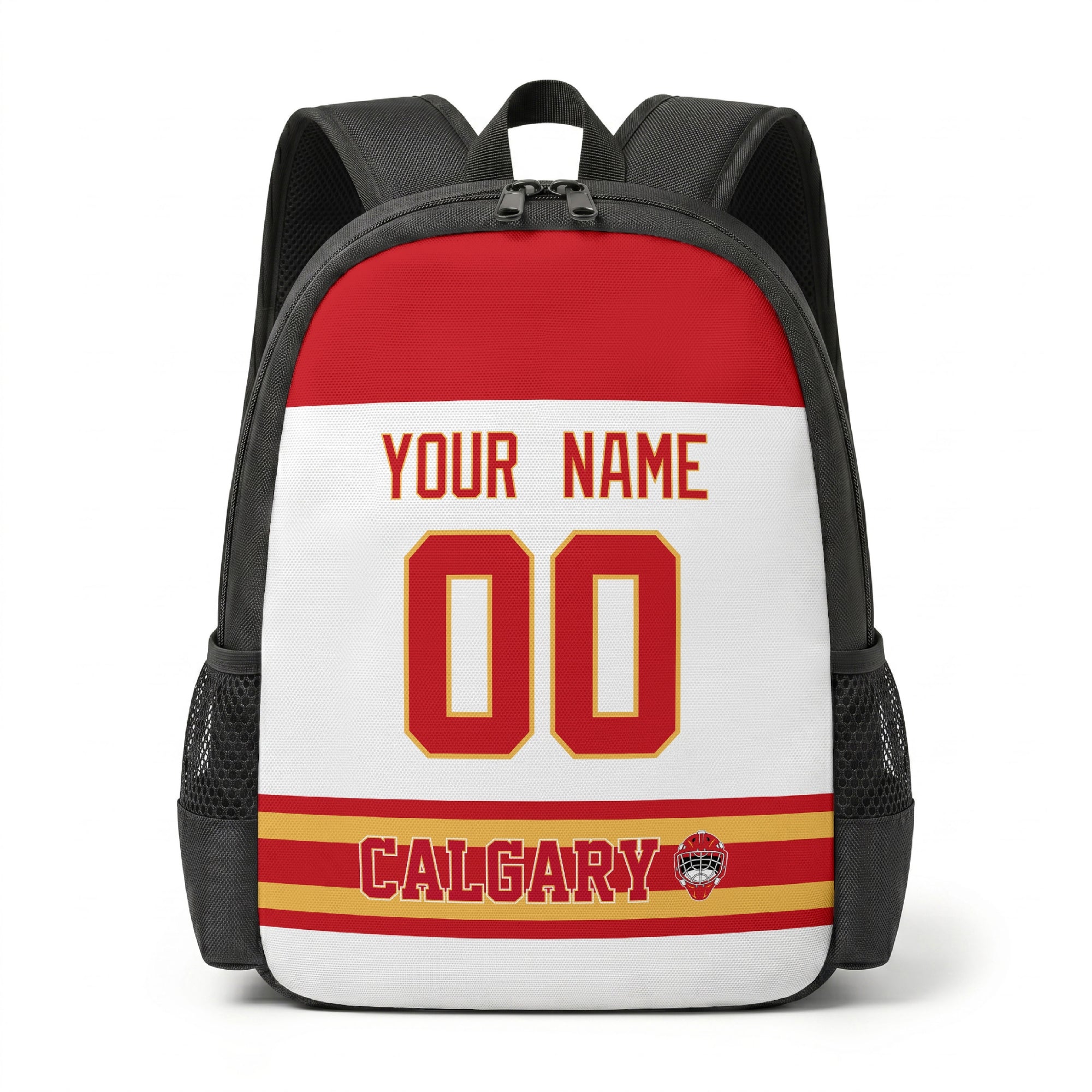 Calgary personalized hockey backpack alternate front view