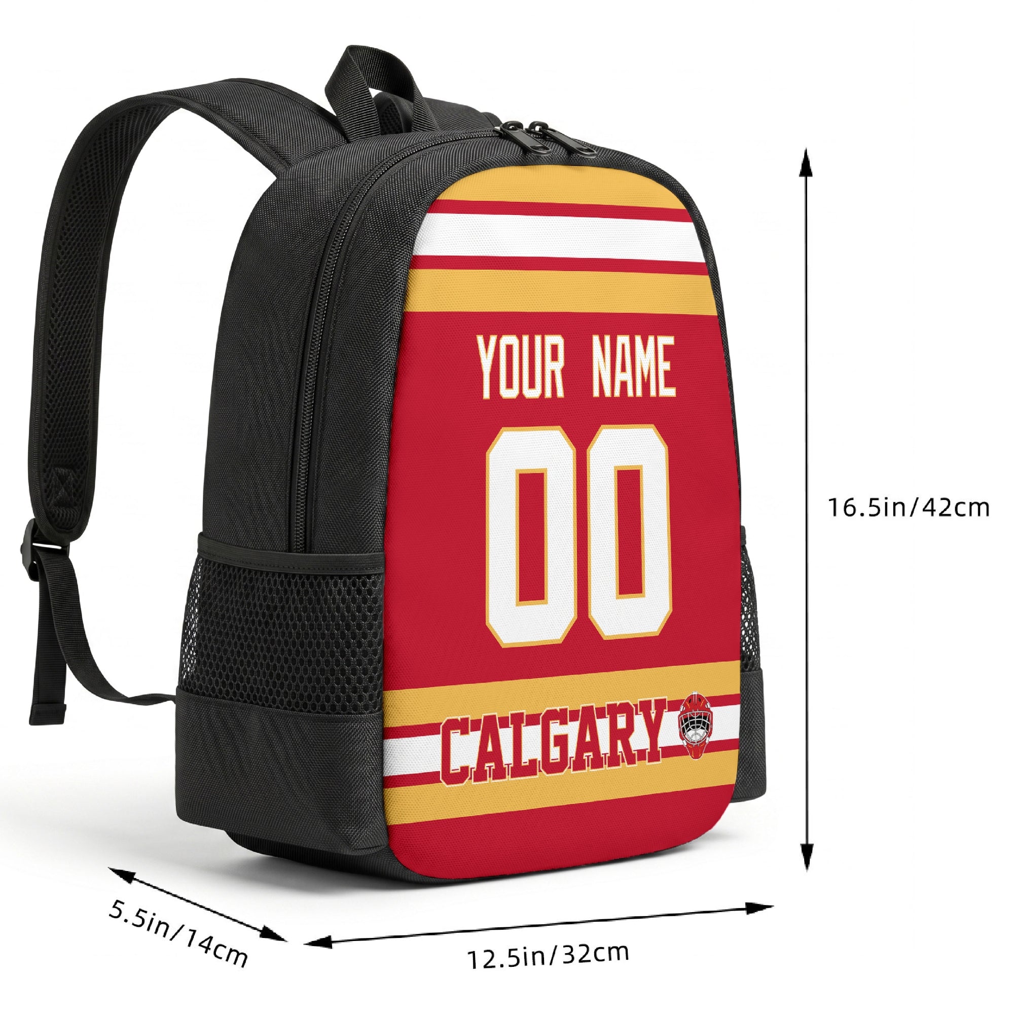 Calgary custom hockey backpack size chart 16.5 by 12.5 by 5.5 inches