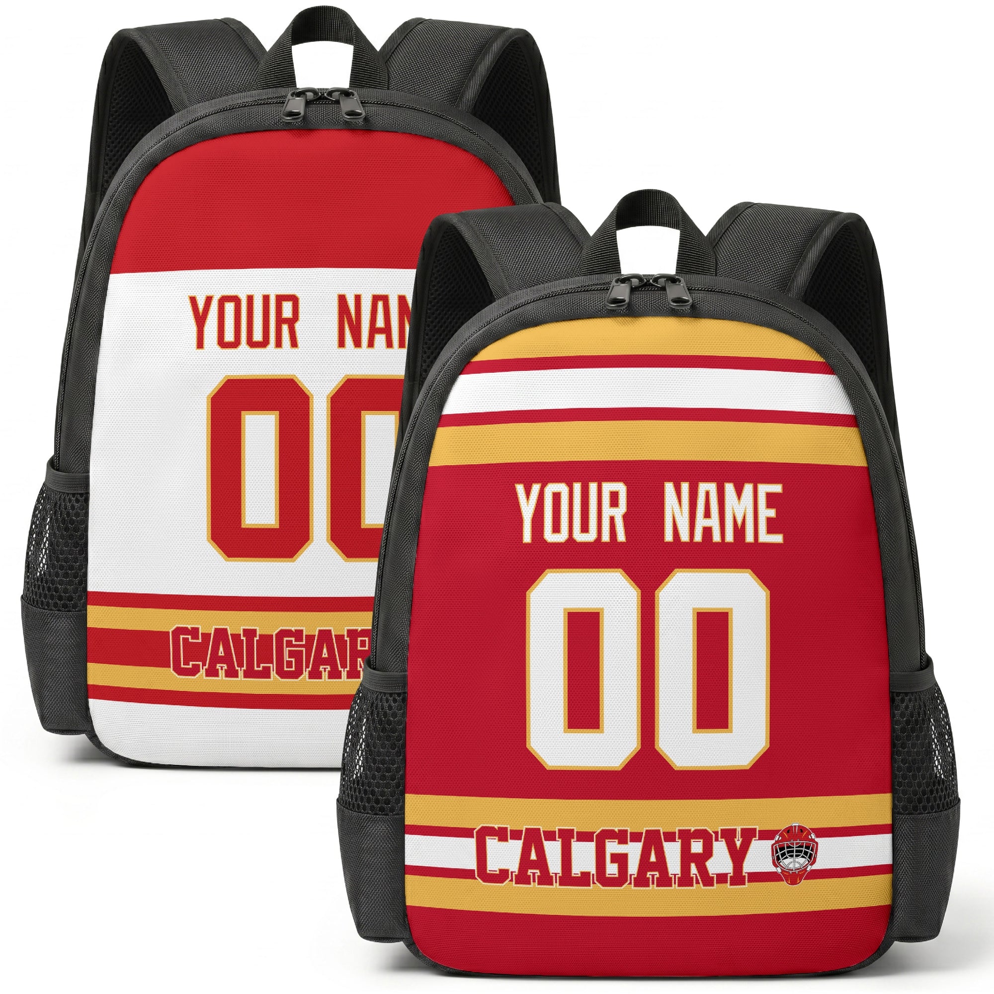 Custom hockey backpack for Calgary fans with name and number preview