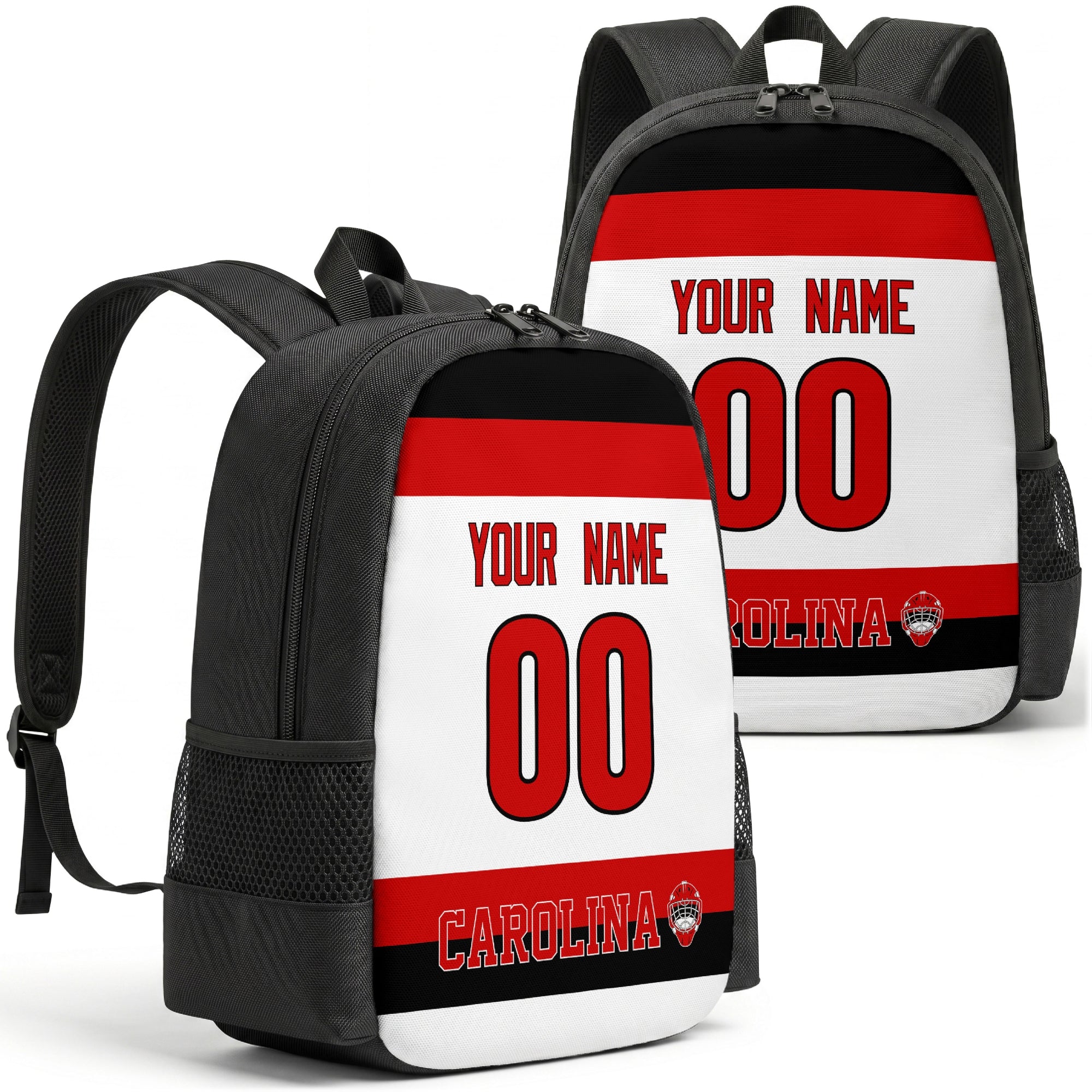 Carolina personalized hockey backpack alternate front and back product view