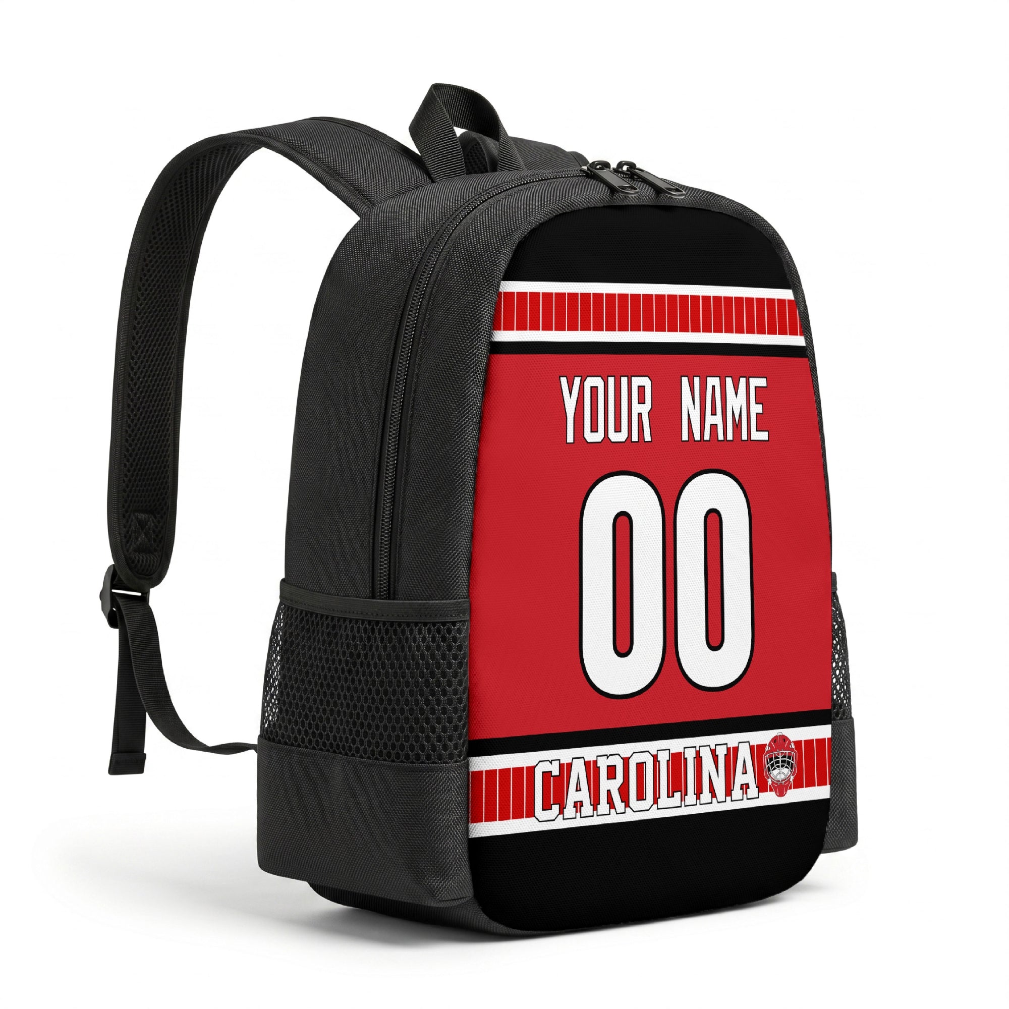 Carolina hockey backpack angled view with side pocket