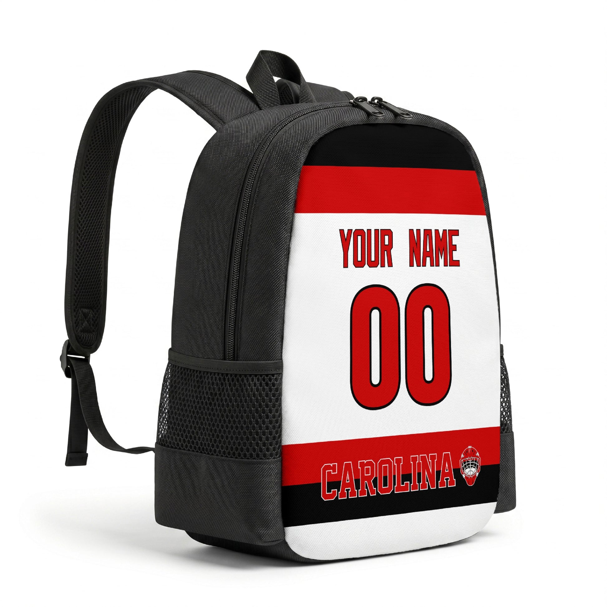 Carolina personalized hockey backpack alternate angled view with side pocket