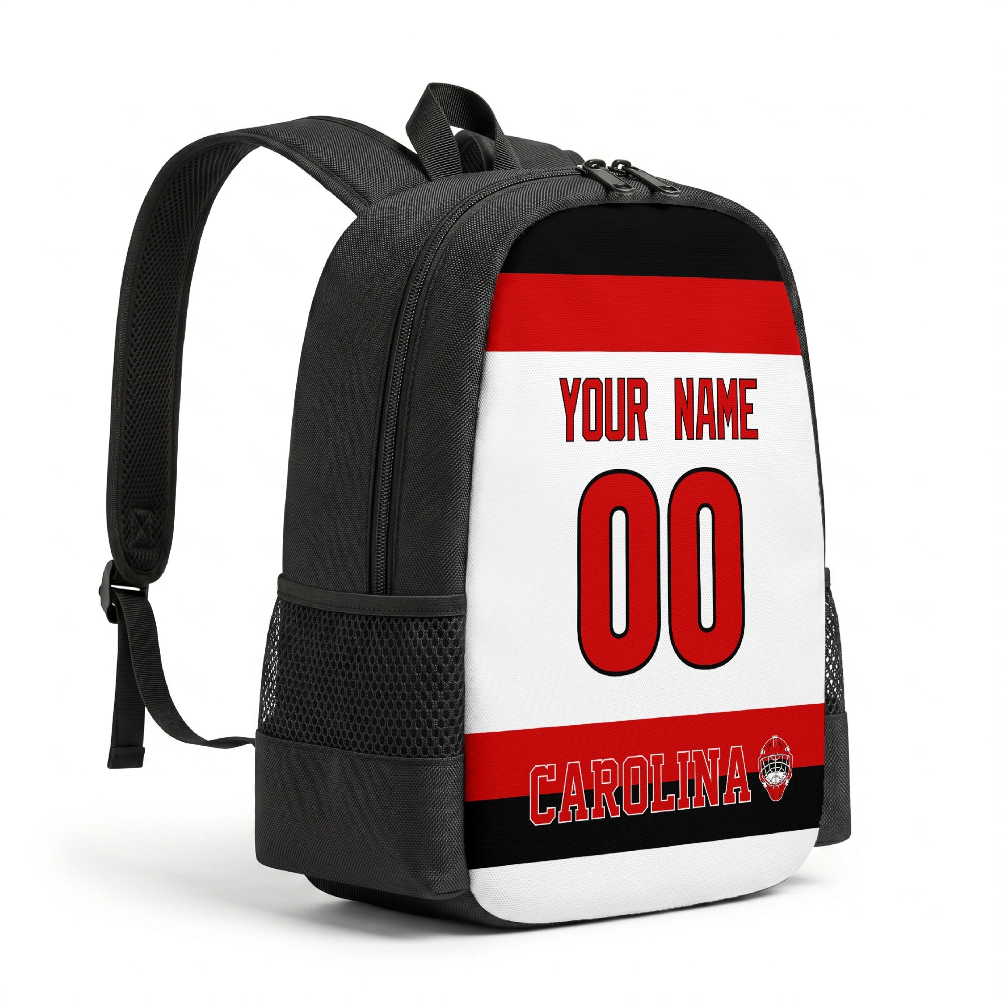 Carolina personalized hockey backpack alternate angled view with side pocket