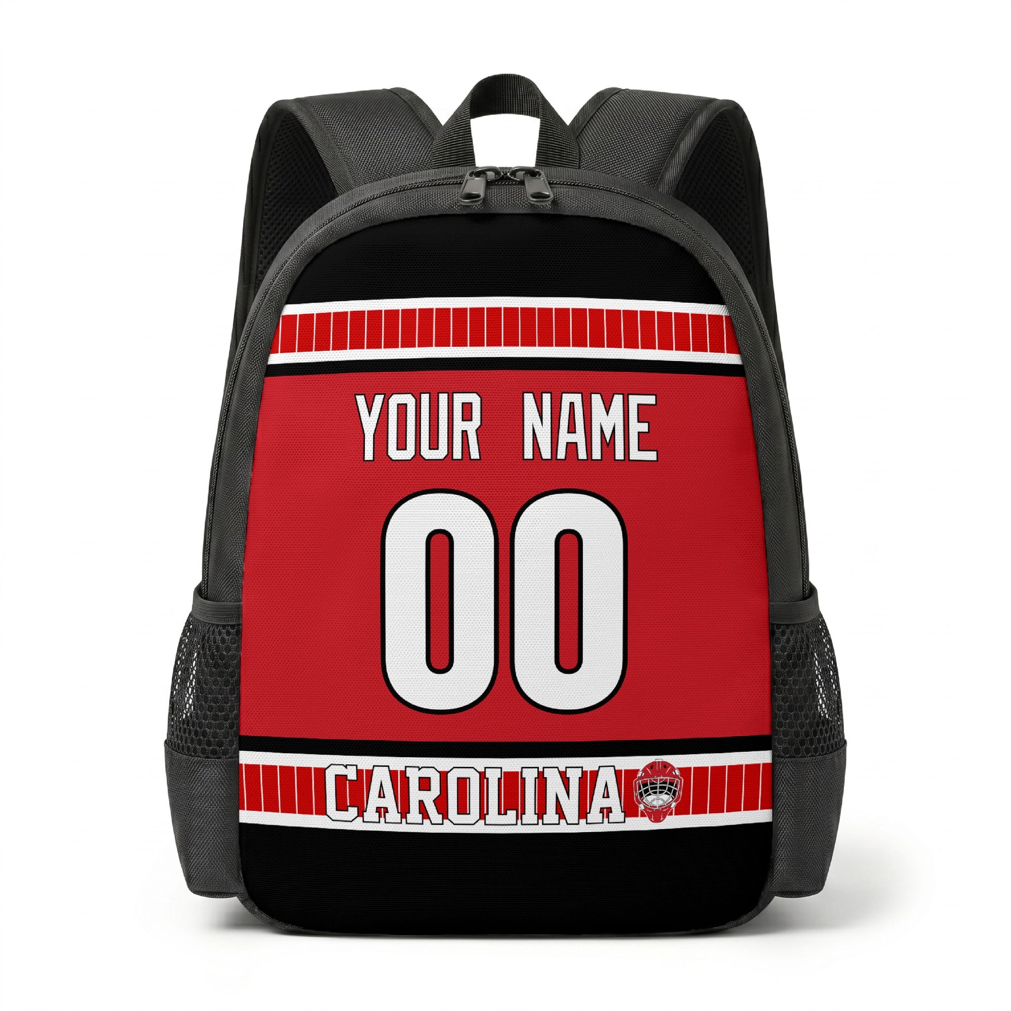 Carolina hockey backpack front view with custom name and number