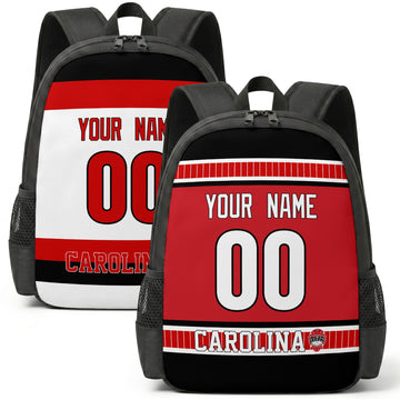 Custom hockey backpack for Carolina fans with name and number preview