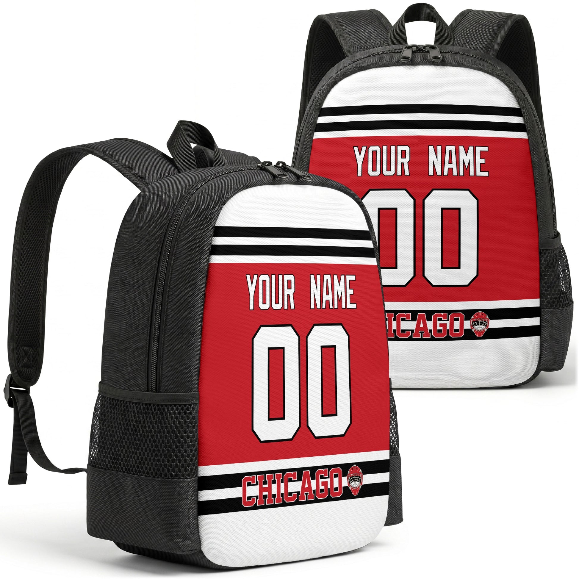 Chicago custom hockey backpack front and back product view