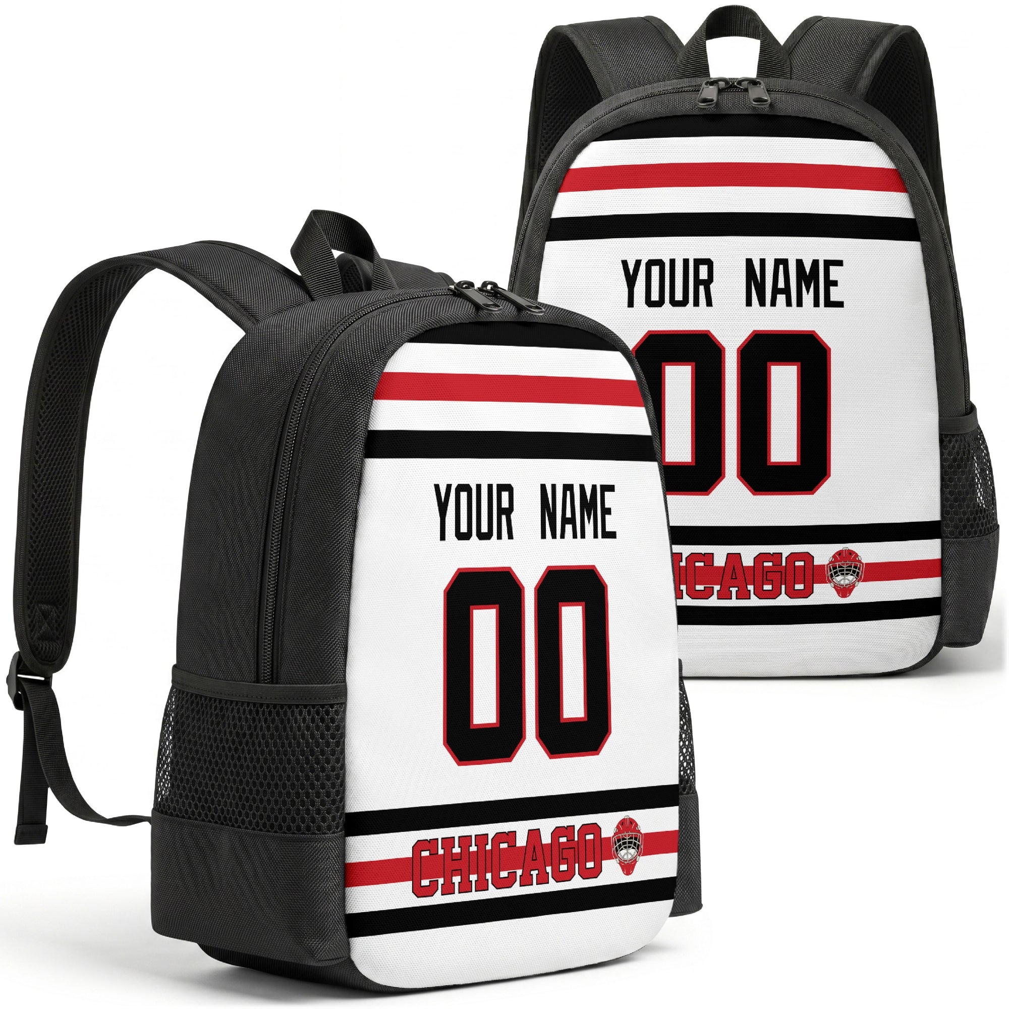 Chicago personalized hockey backpack alternate front and back product view