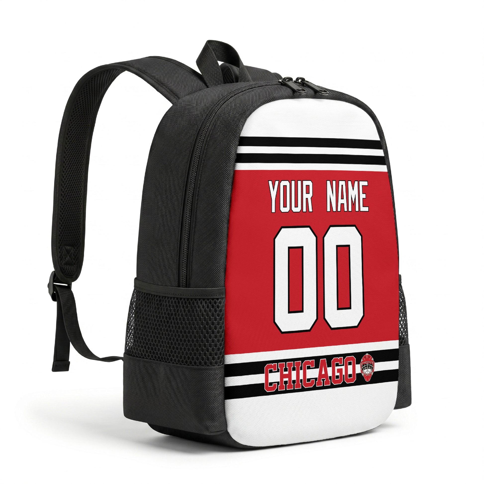 Chicago hockey backpack angled view with side pocket