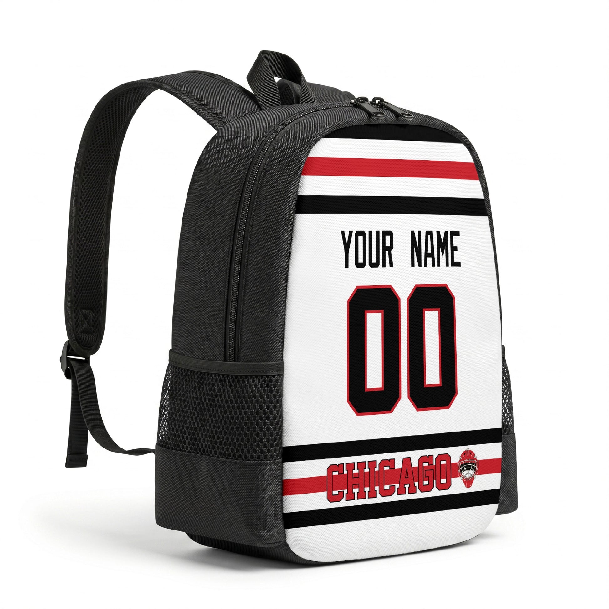 Chicago personalized hockey backpack alternate angled view with side pocket