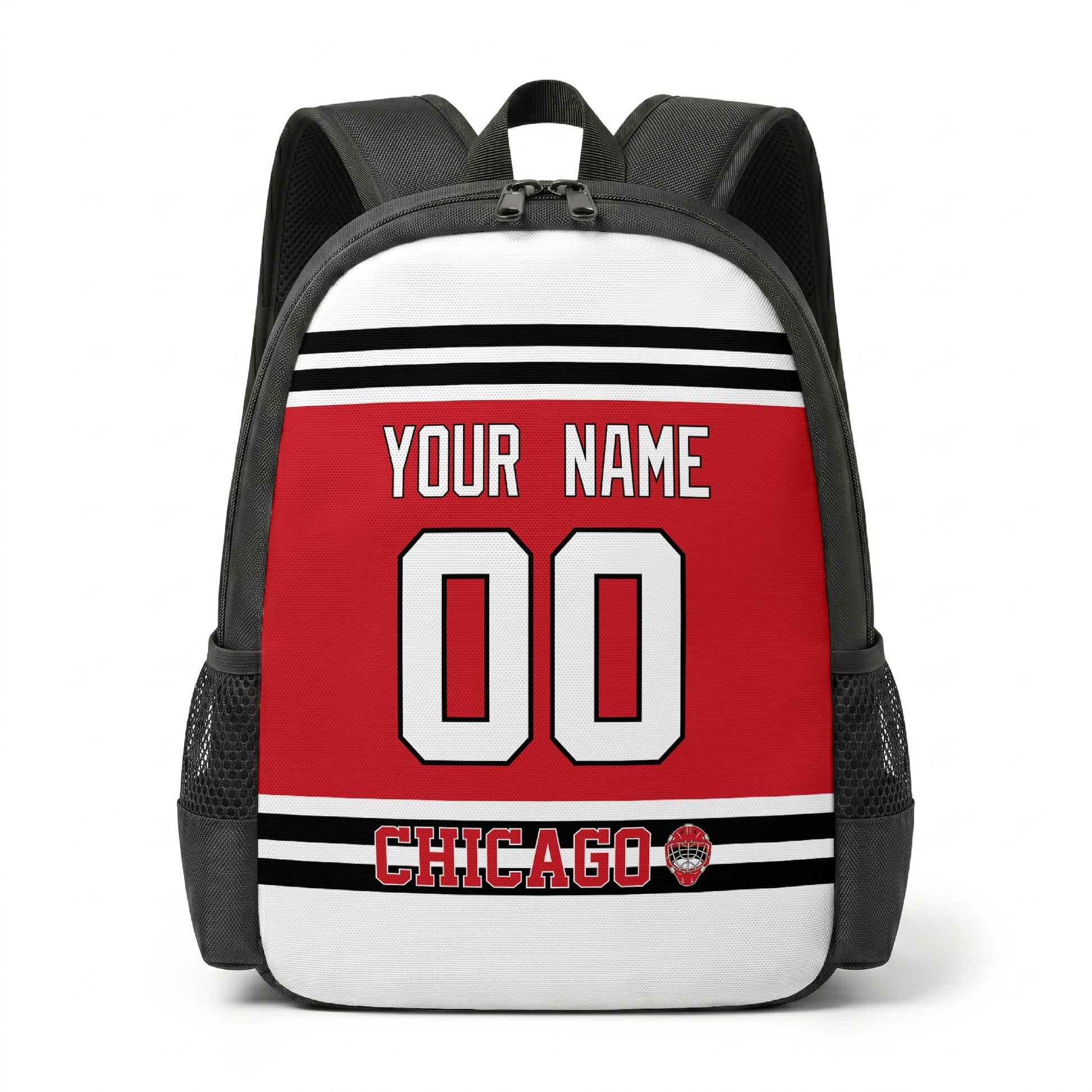 Chicago hockey backpack front view with custom name and number