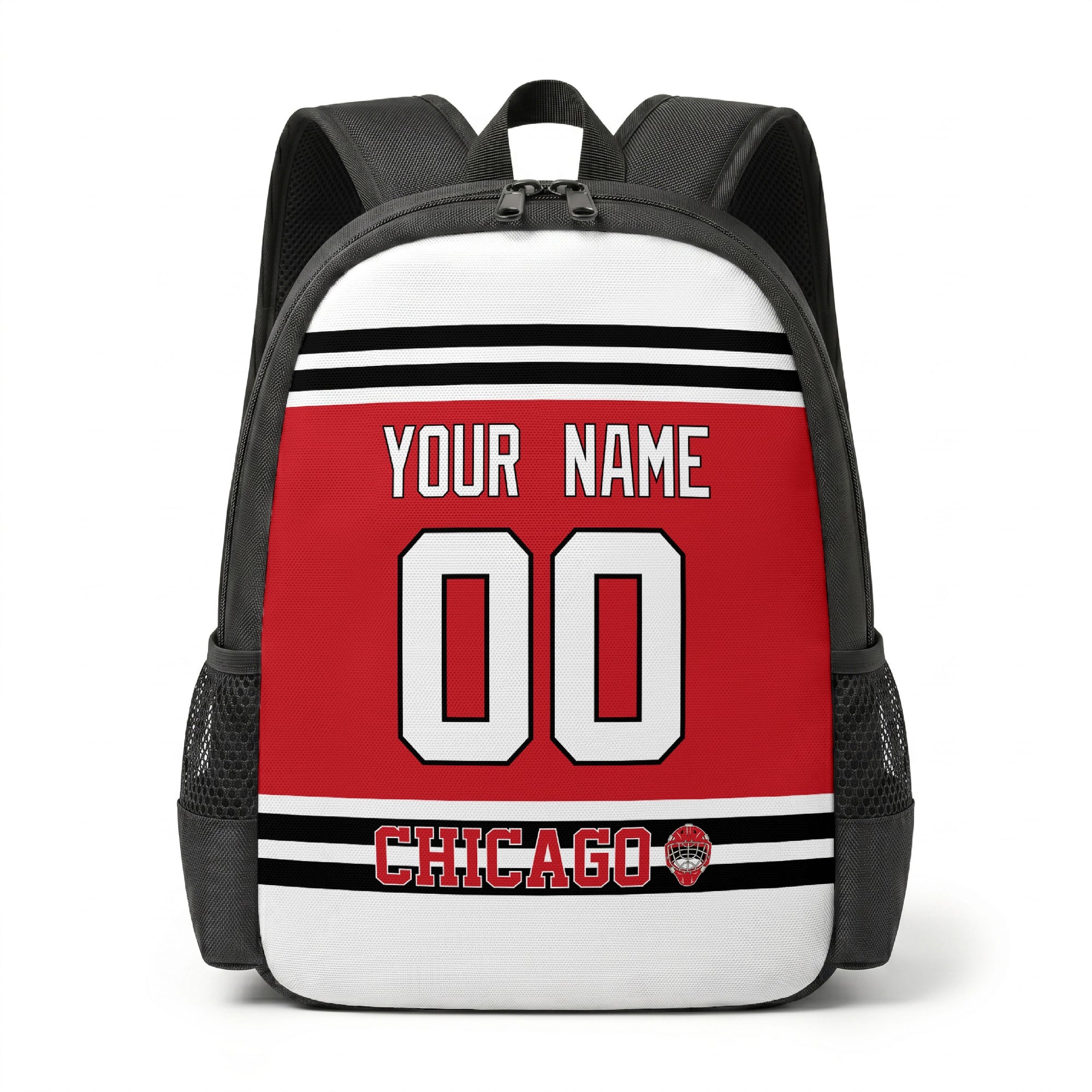 Chicago hockey backpack front view with custom name and number