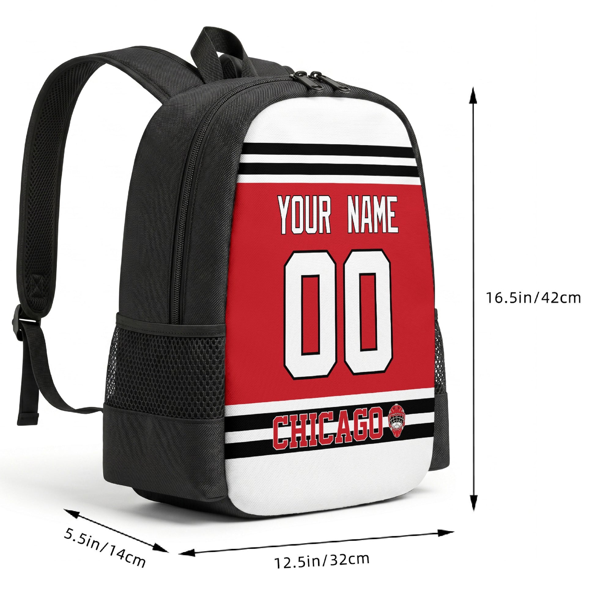 Chicago custom hockey backpack size chart 16.5 by 12.5 by 5.5 inches