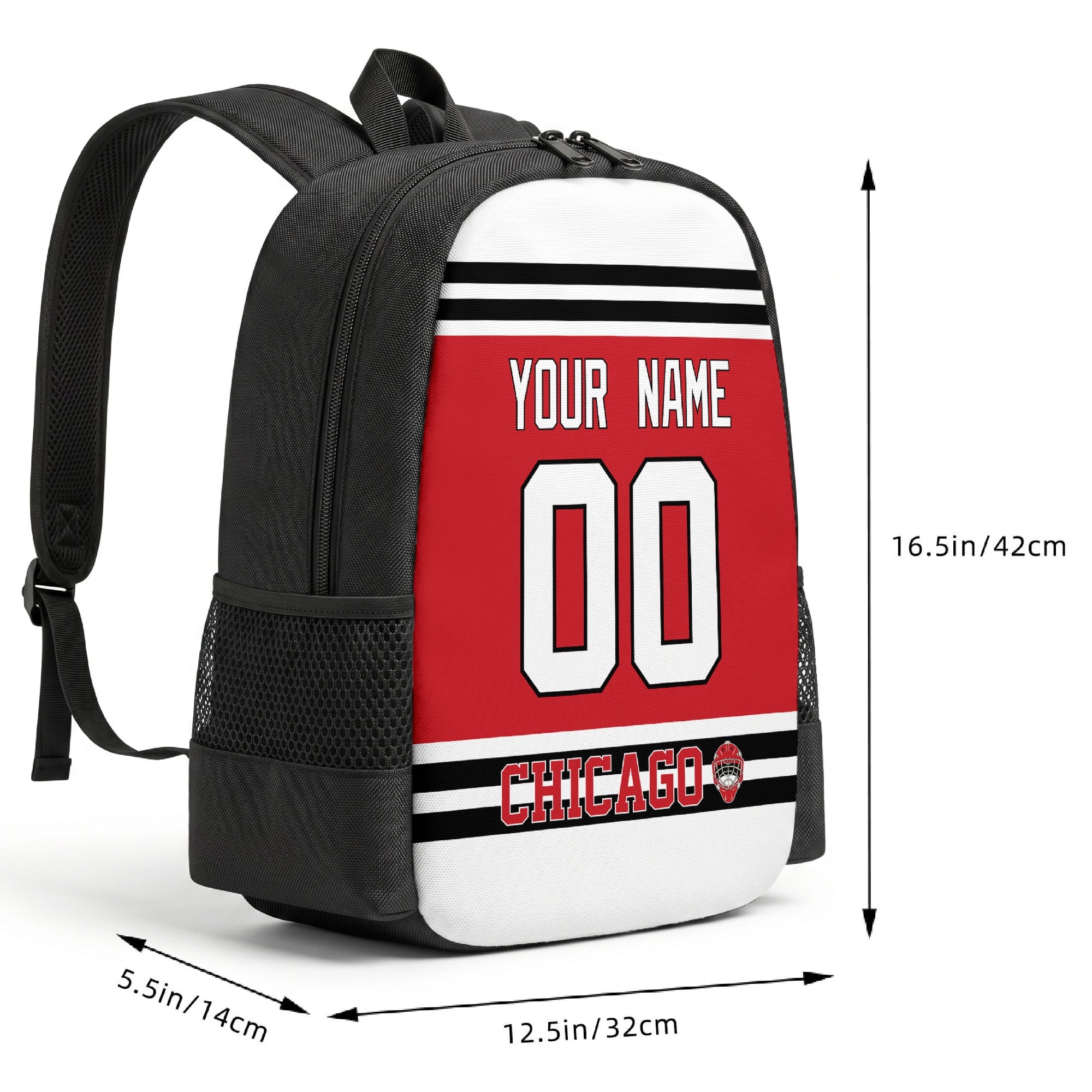 Chicago custom hockey backpack size chart 16.5 by 12.5 by 5.5 inches