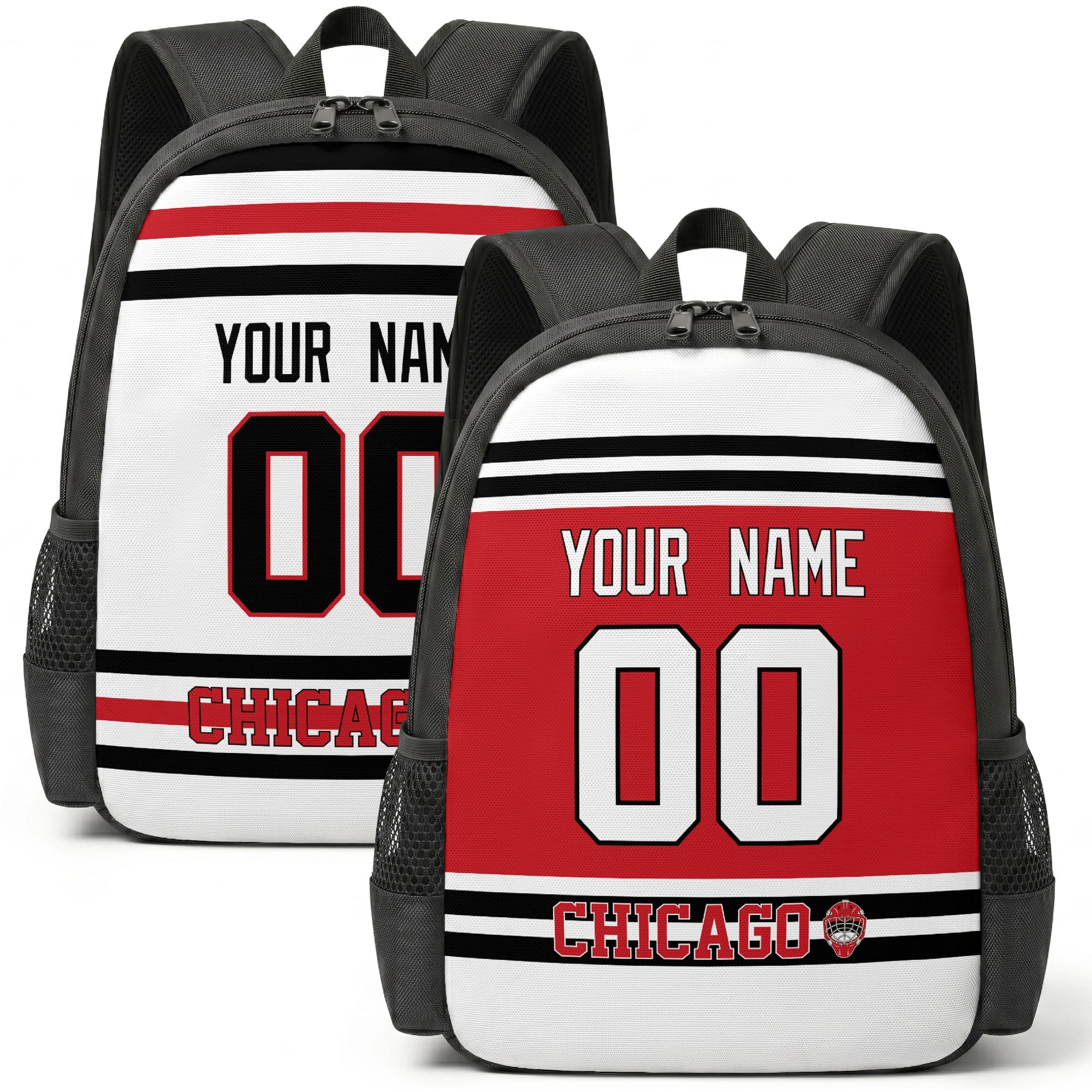 Custom hockey backpack for Chicago fans with name and number preview