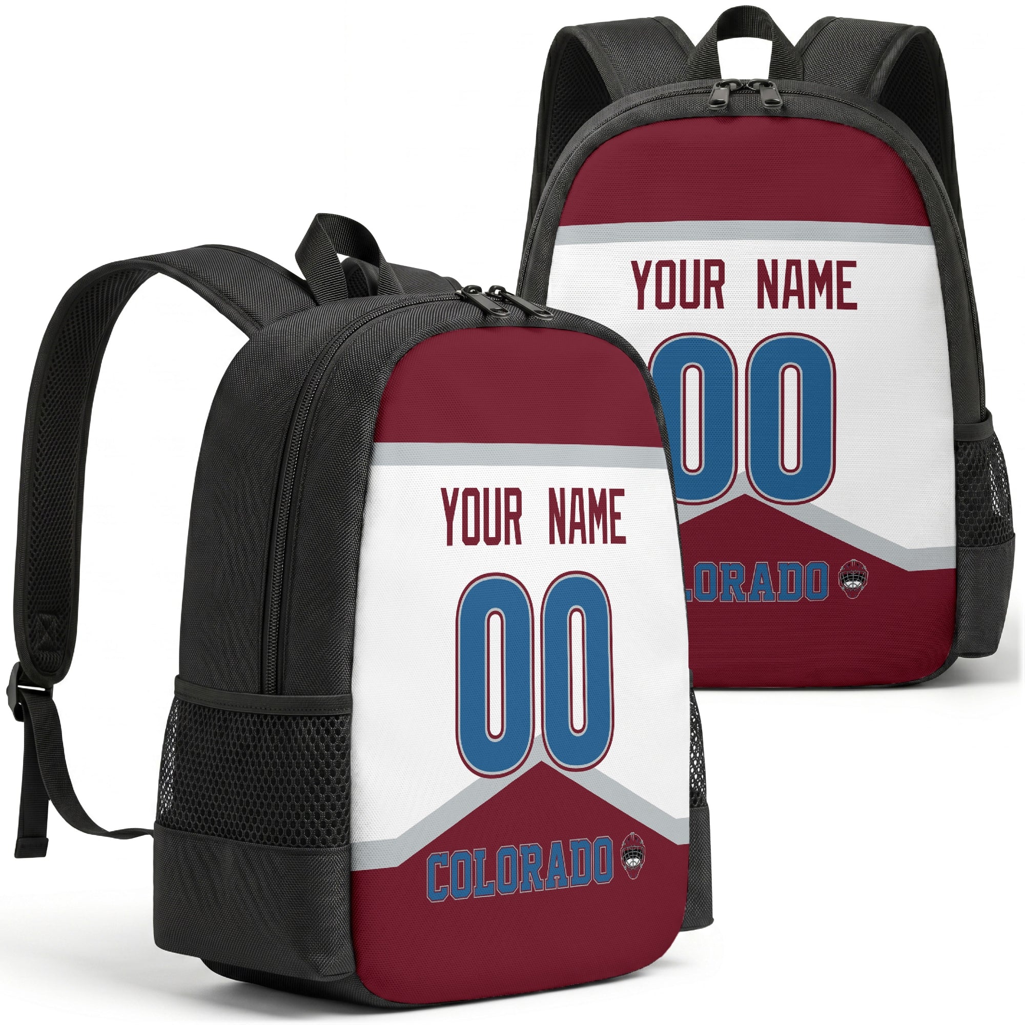 Colorado personalized hockey backpack alternate front and back product view