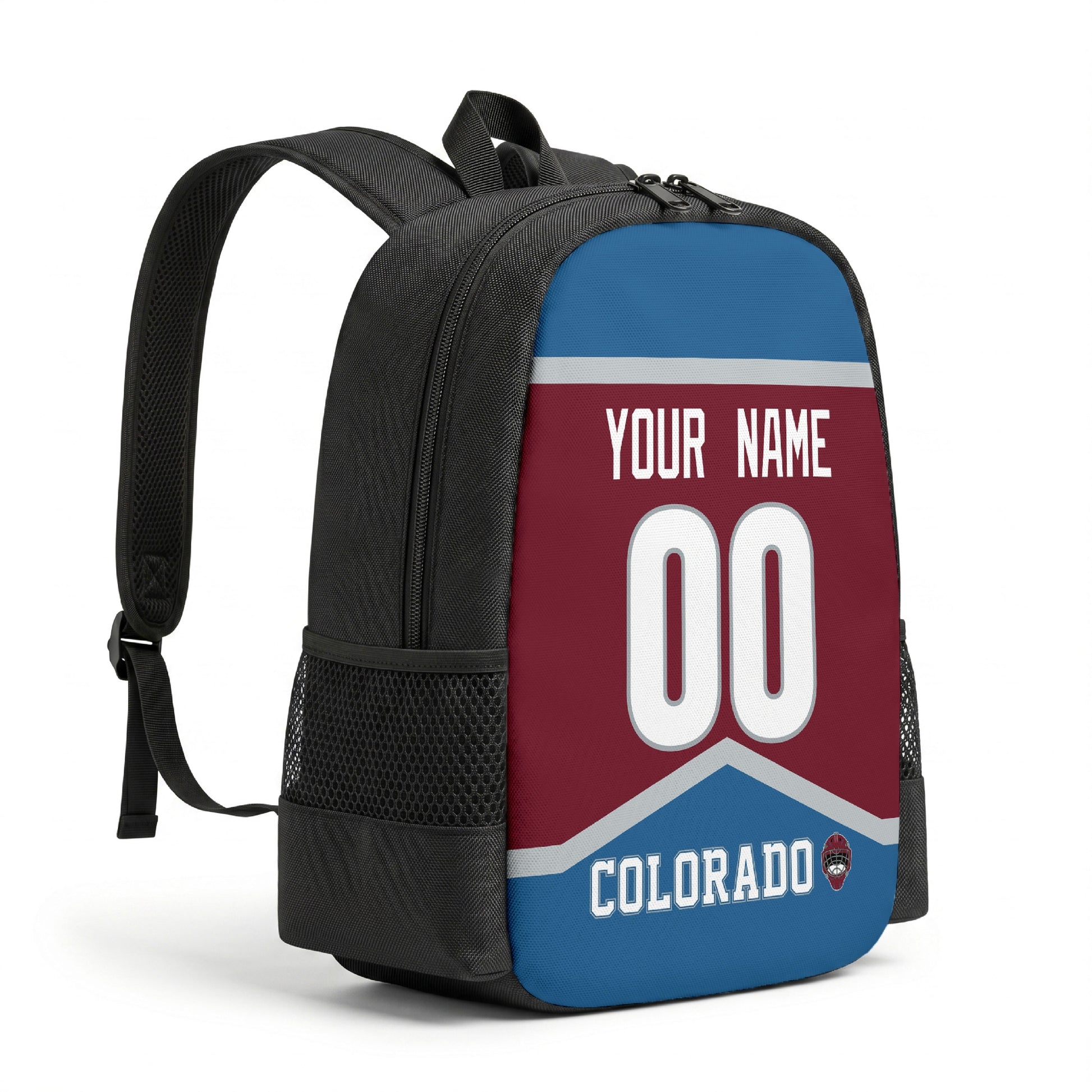 Colorado hockey backpack angled view with side pocket