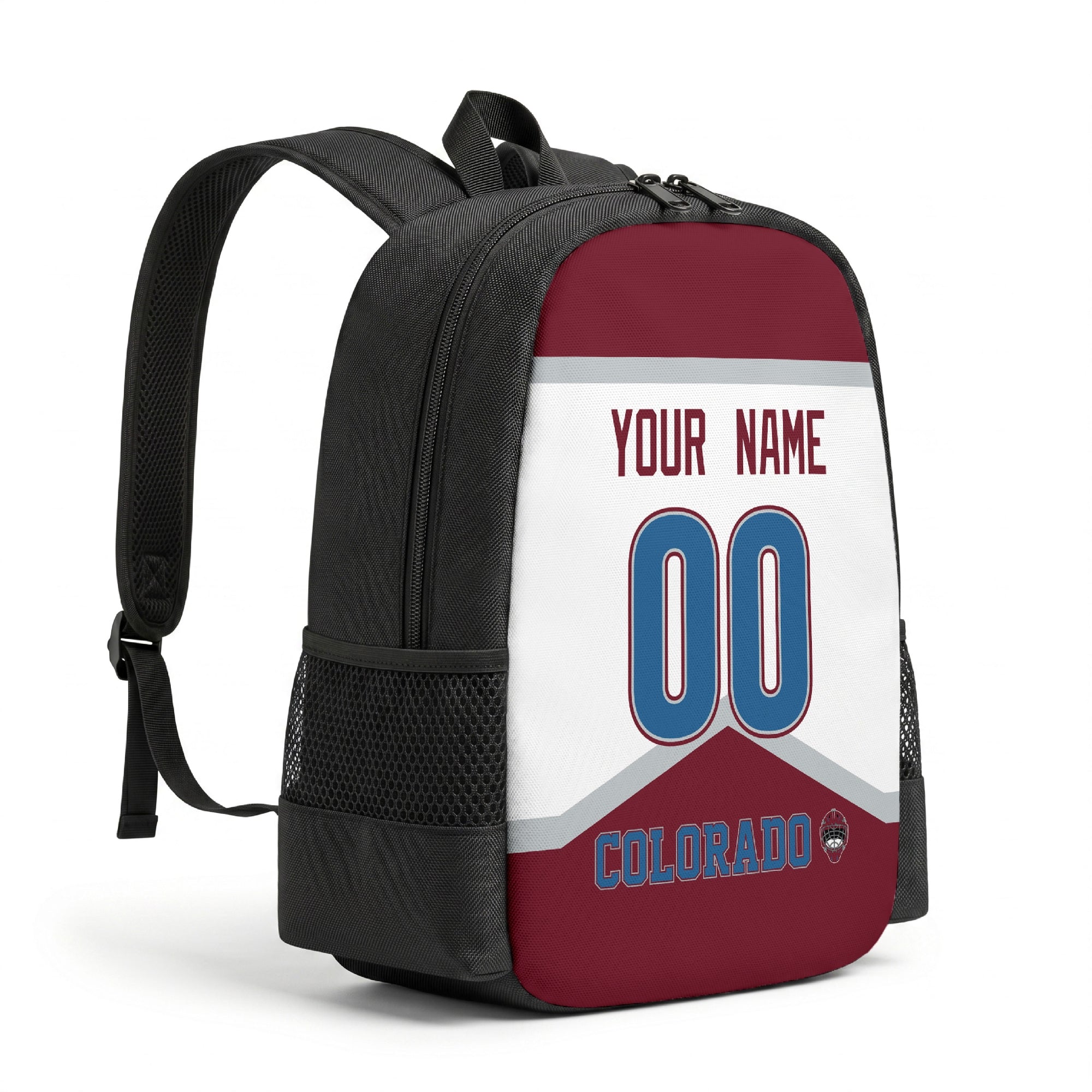 Colorado personalized hockey backpack alternate angled view with side pocket