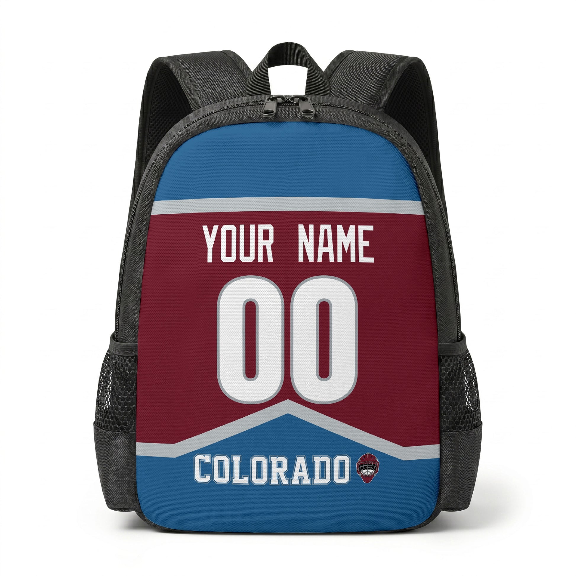 Colorado hockey backpack front view with custom name and number