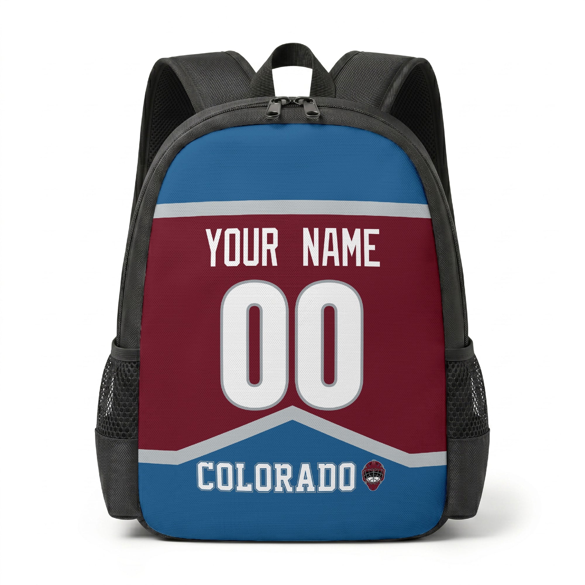 Colorado hockey backpack front view with custom name and number