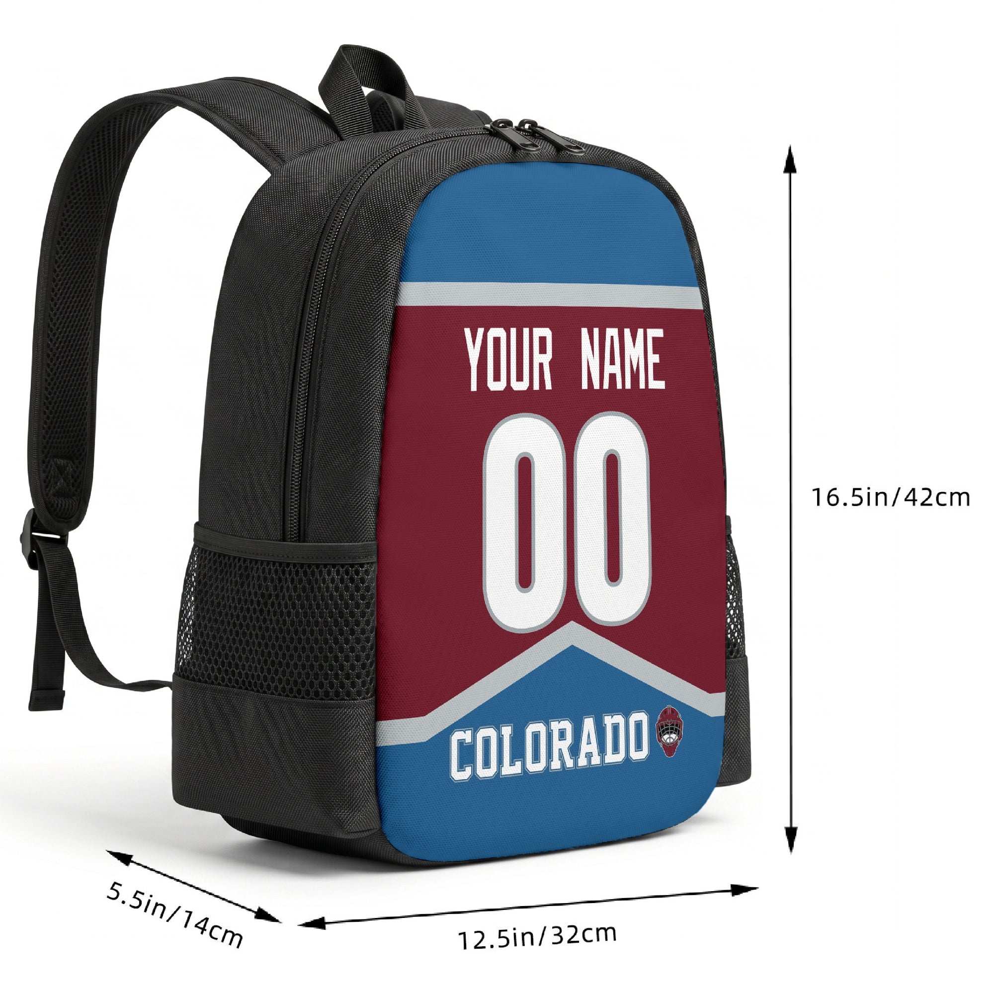 Colorado custom hockey backpack size chart 16.5 by 12.5 by 5.5 inches