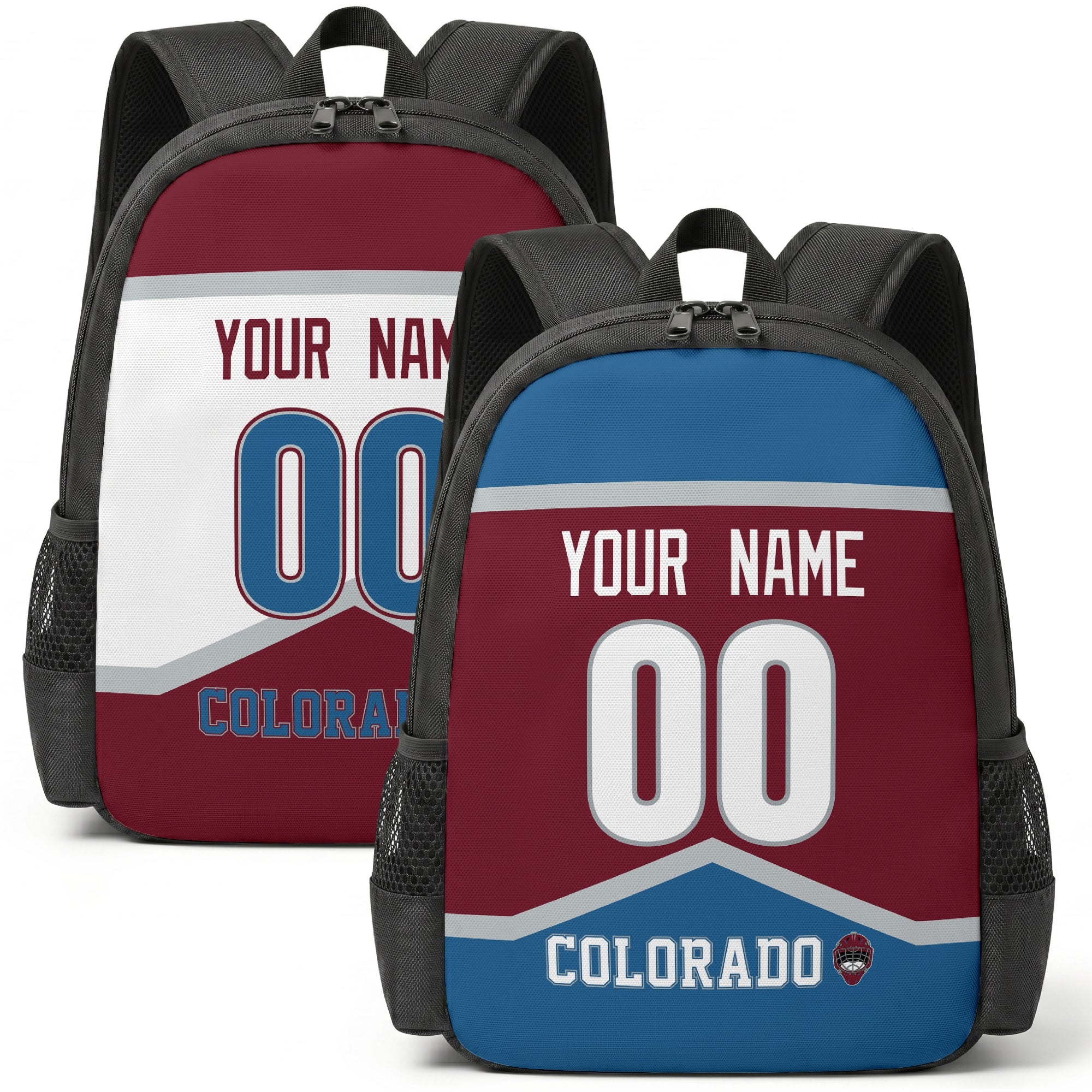 Custom hockey backpack for Colorado fans with name and number preview