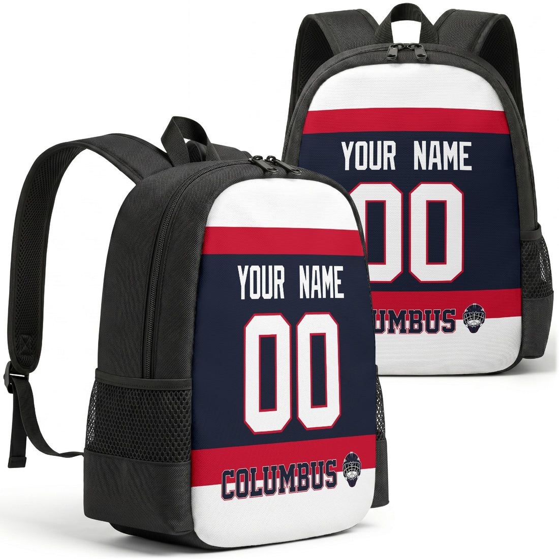 Custom hockey backpack for Columbus fans with name and number preview