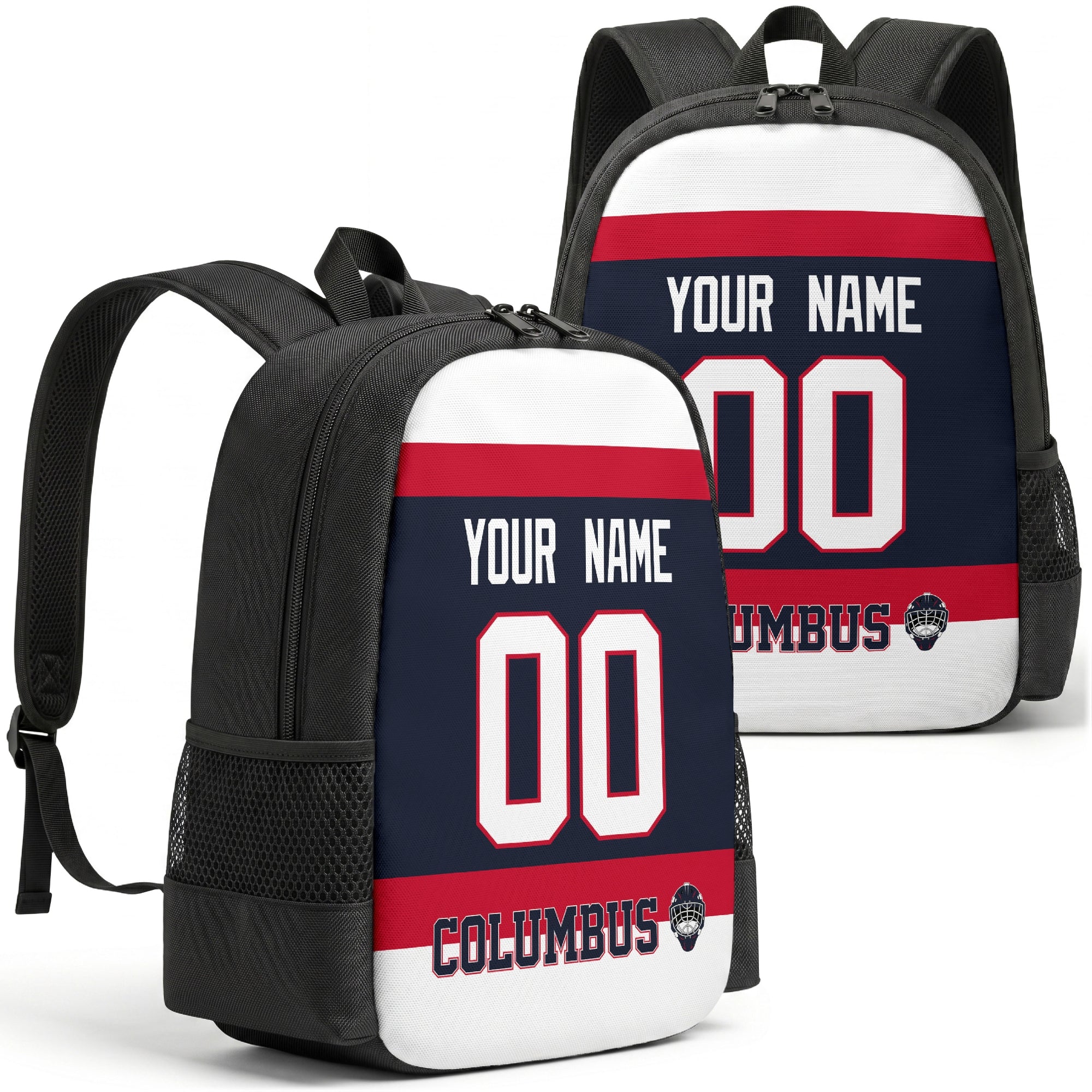Columbus custom hockey backpack front and back product view