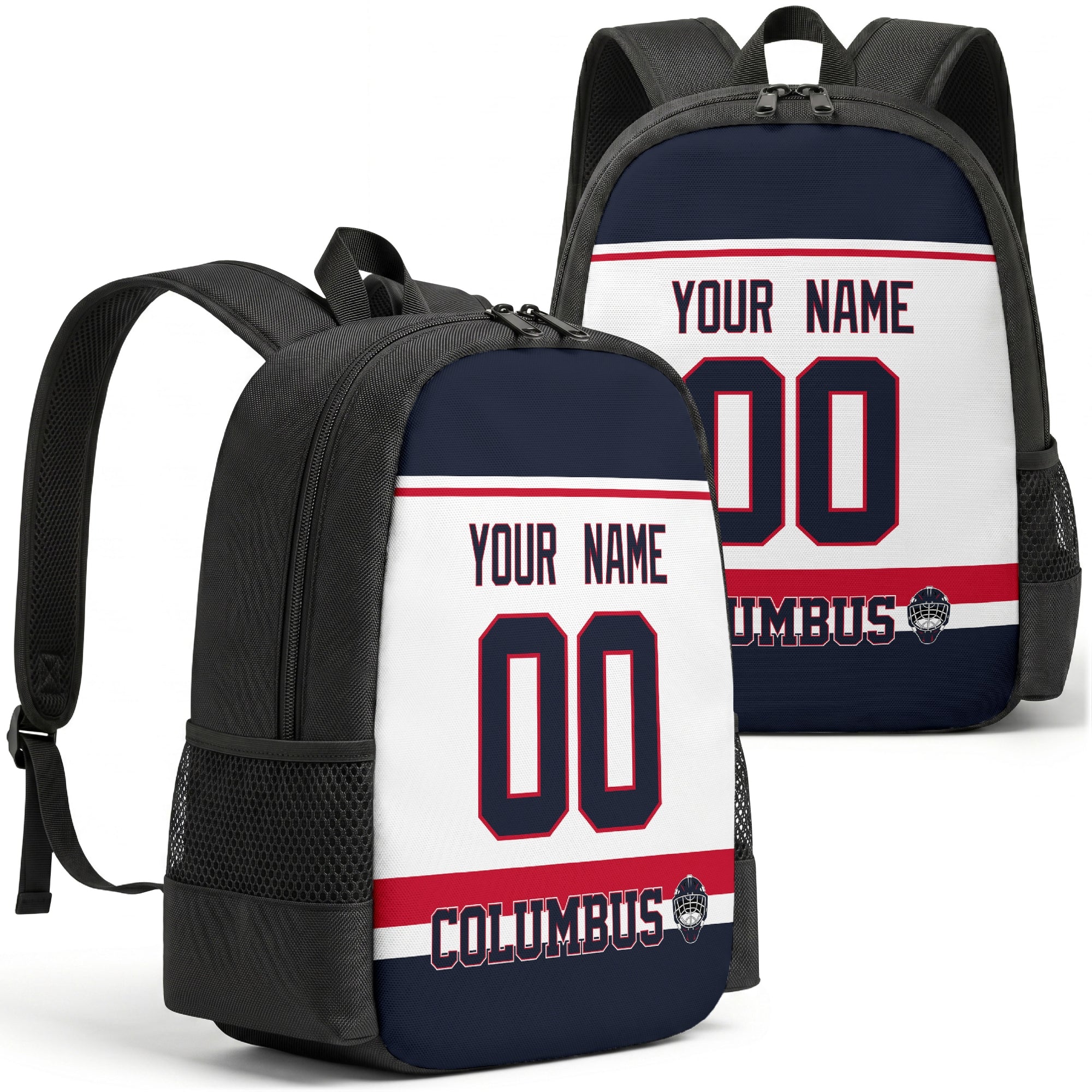 Columbus personalized hockey backpack alternate front and back product view