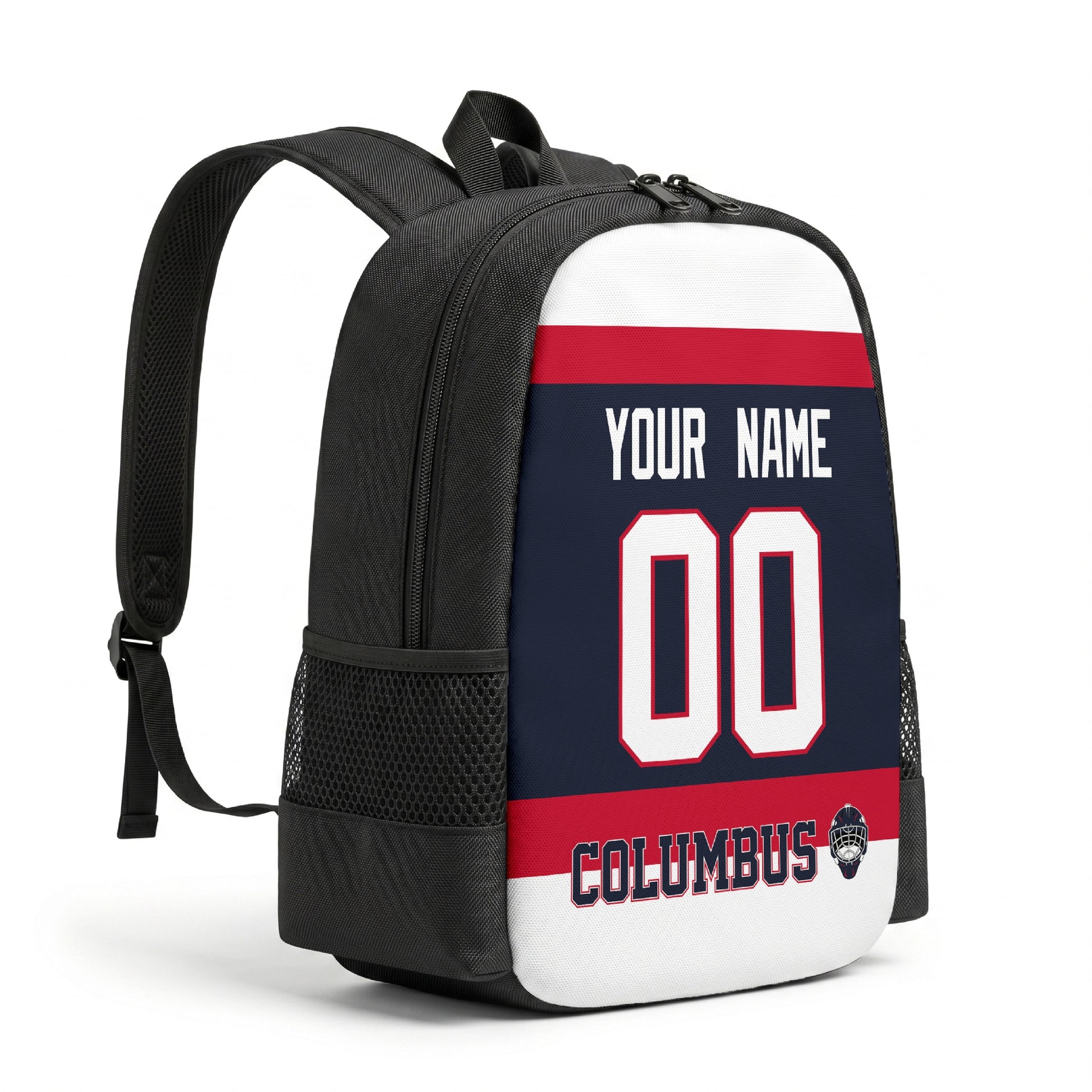 Columbus hockey backpack angled view with side pocket