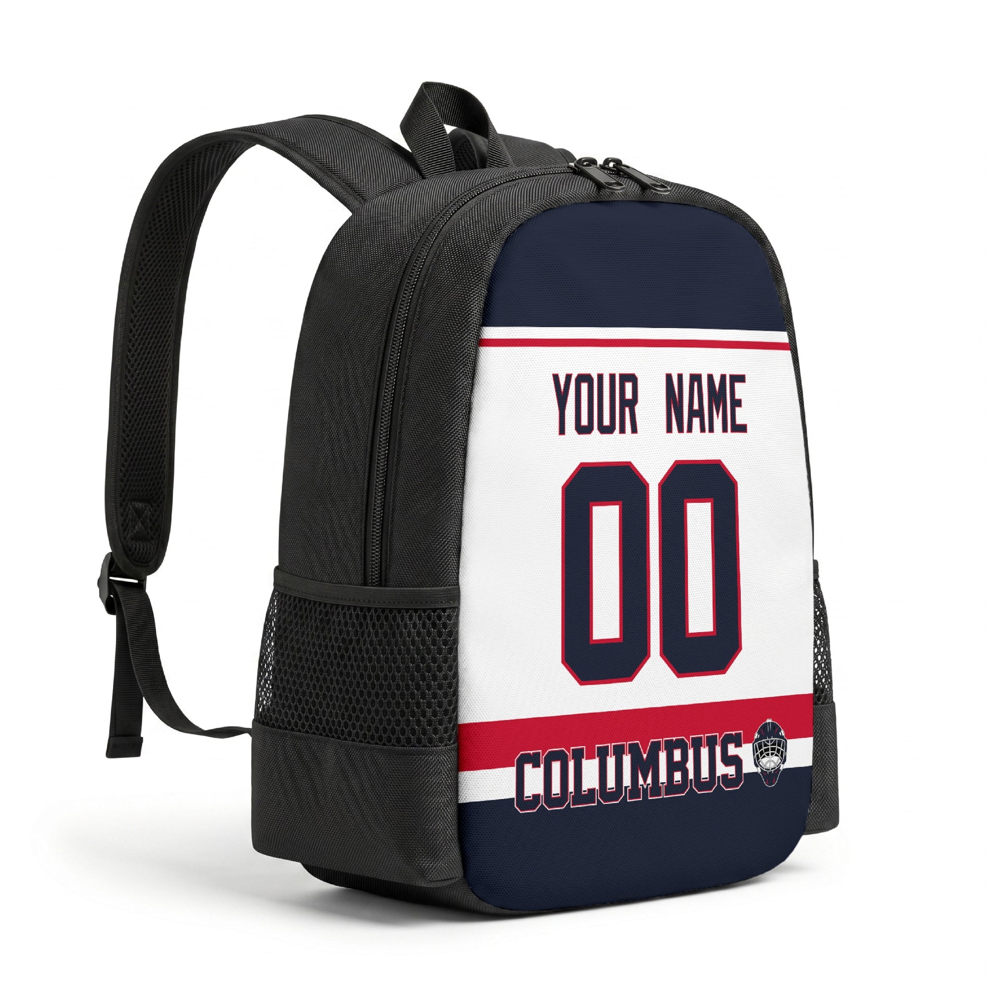 Columbus personalized hockey backpack alternate angled view with side pocket