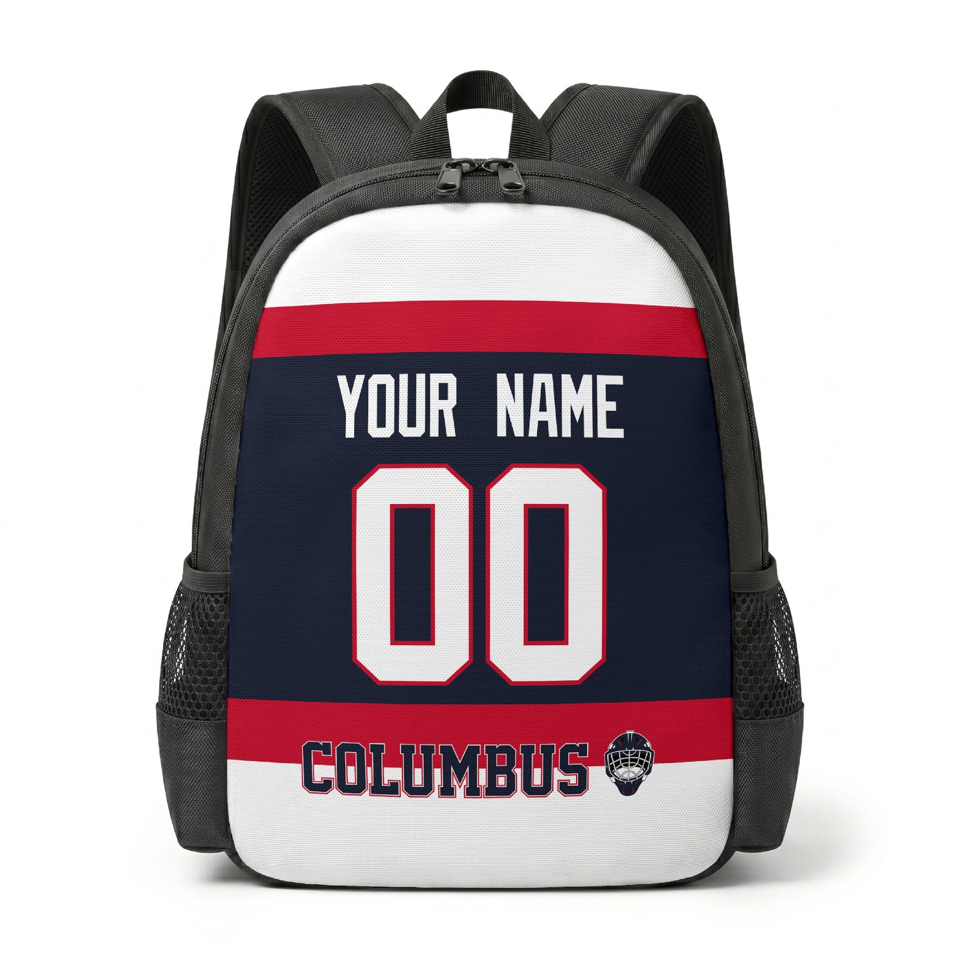 Columbus hockey backpack front view with custom name and number