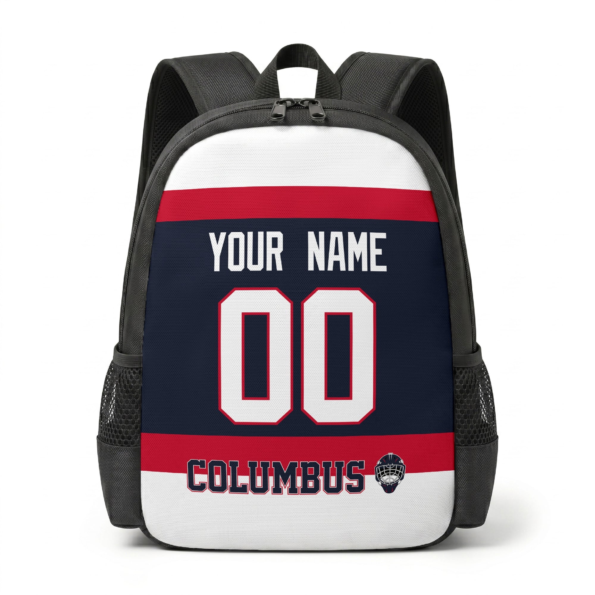 Columbus hockey backpack front view with custom name and number