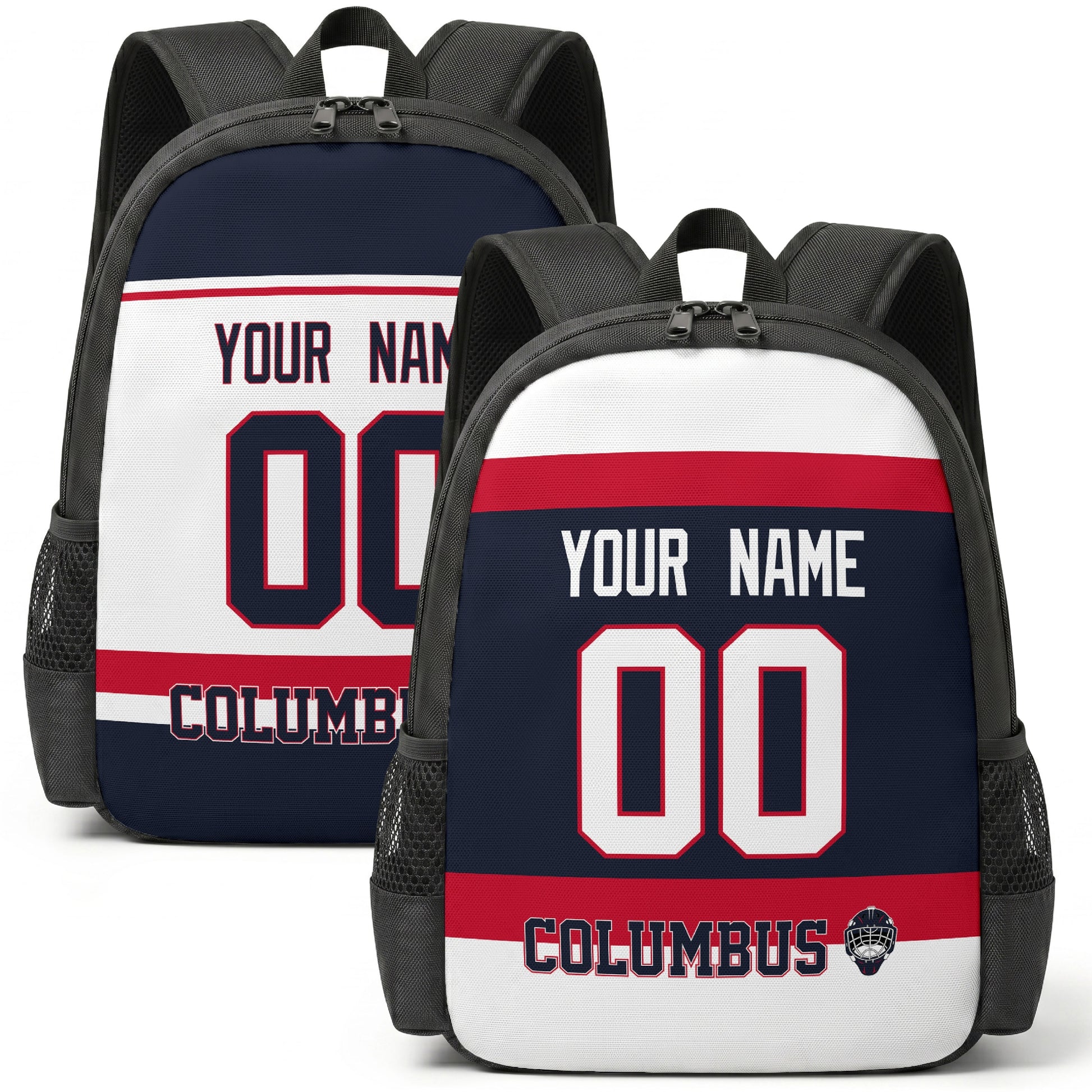 Custom hockey backpack for Columbus fans with name and number preview