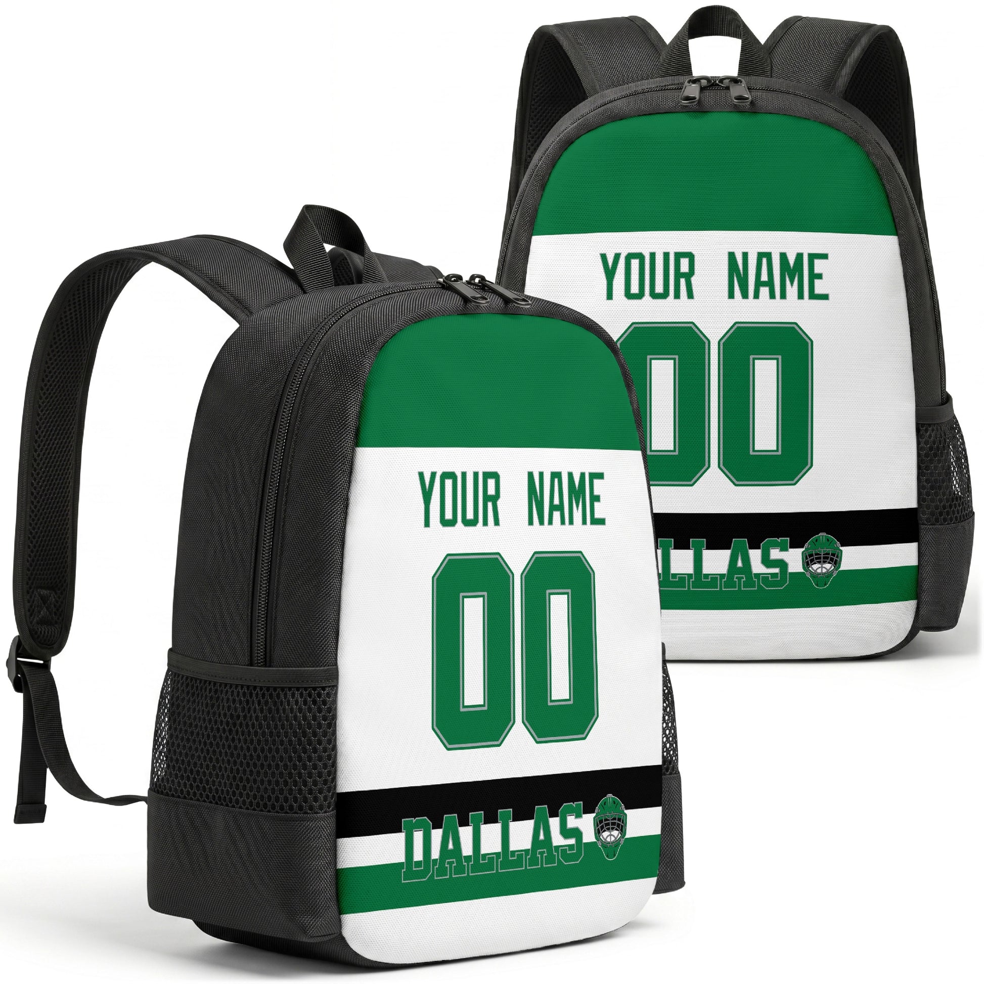 Dallas personalized hockey backpack alternate front and back product view