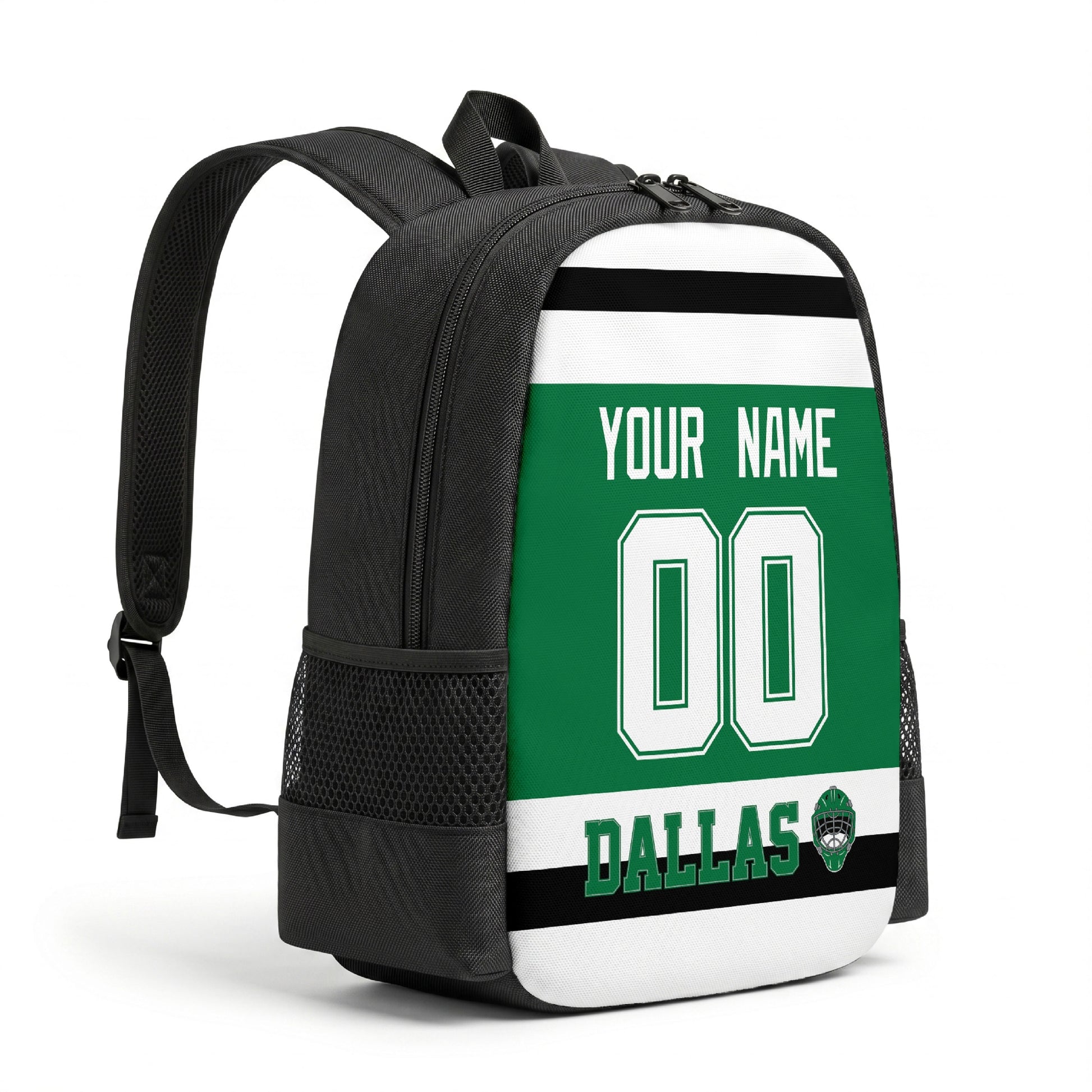 Dallas hockey backpack angled view with side pocket